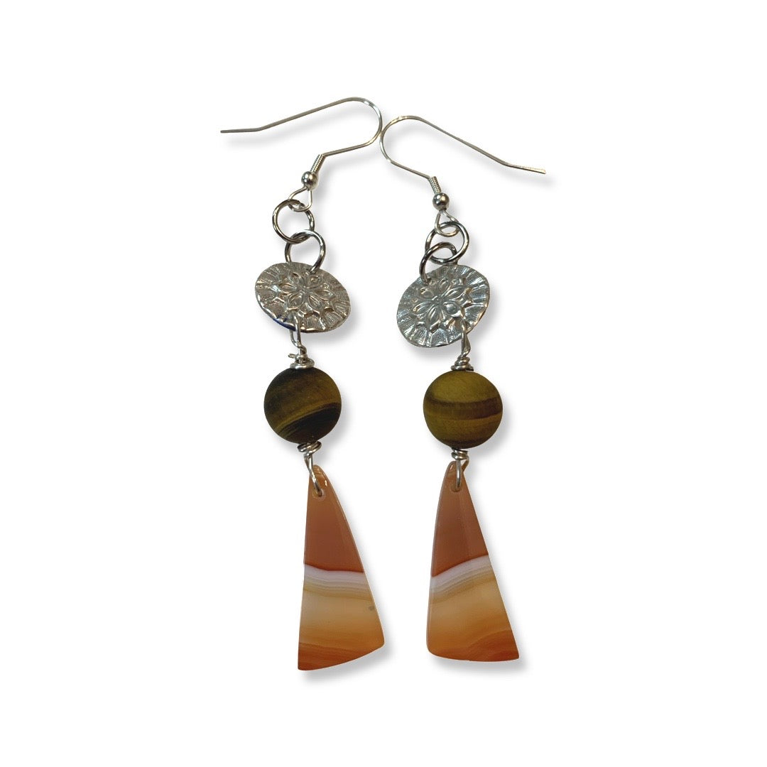 W- Banded Red Striped Agate with Tiger Eye Earrings in Fine Silver