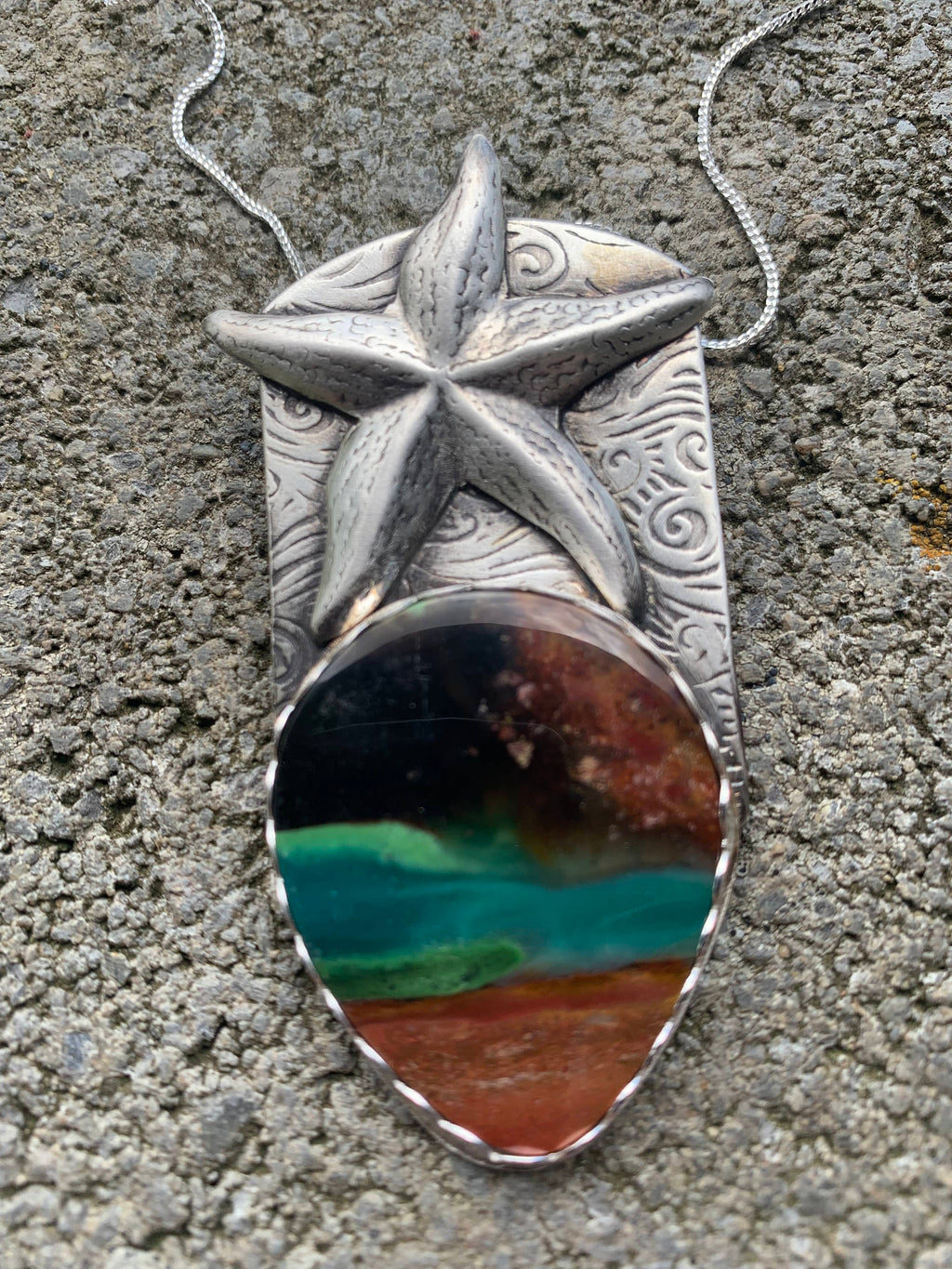 Stars in the Ocean Bluewood Opal Jasper and sterling silver starfish necklace by Christine Keller