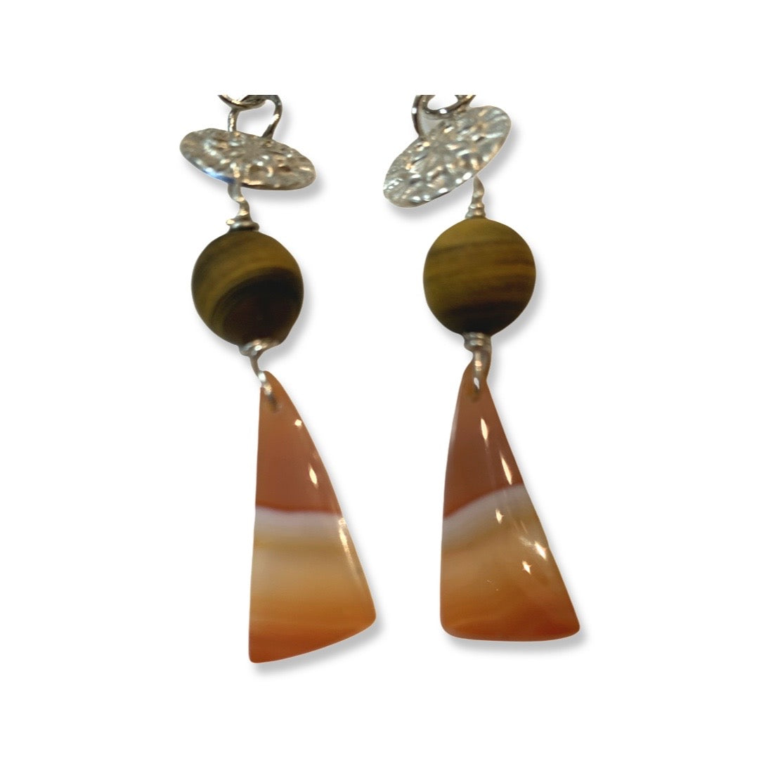 W- Banded Red Striped Agate with Tiger Eye Earrings in Fine Silver