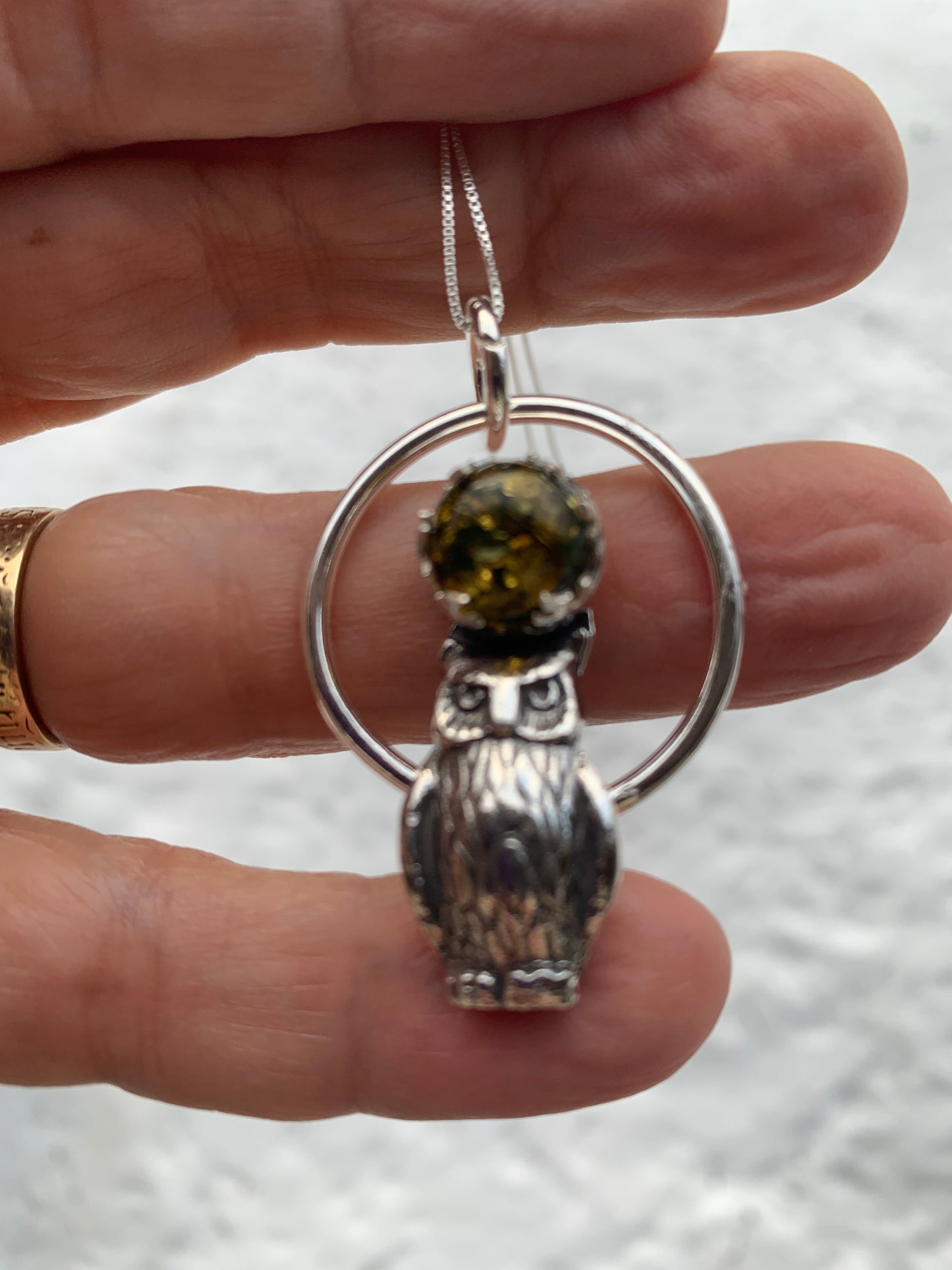 'Owl Look for You' Green Amber in Silver Pendant