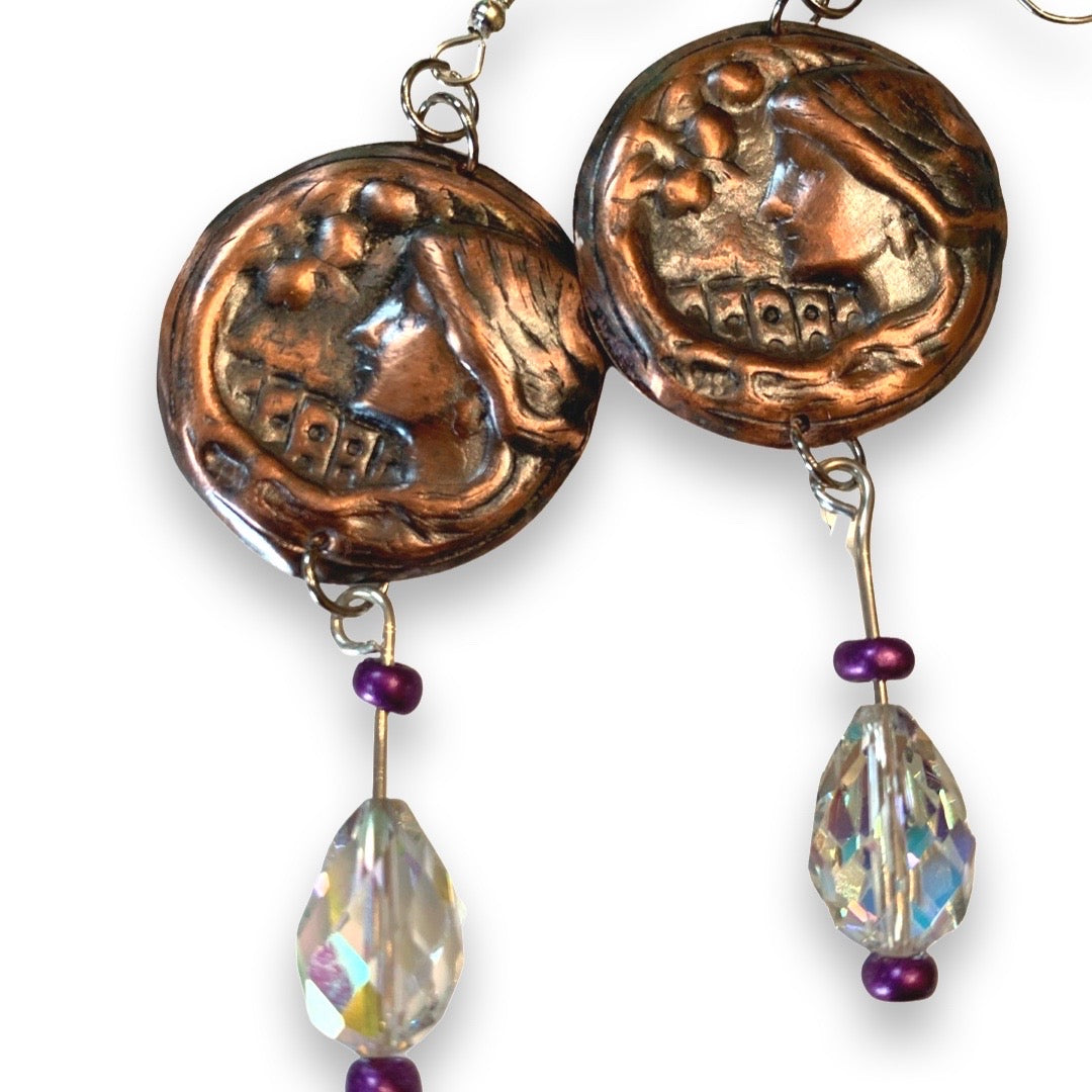 Art Nouveau Copper Earrings with Aurora Boralis Crystals