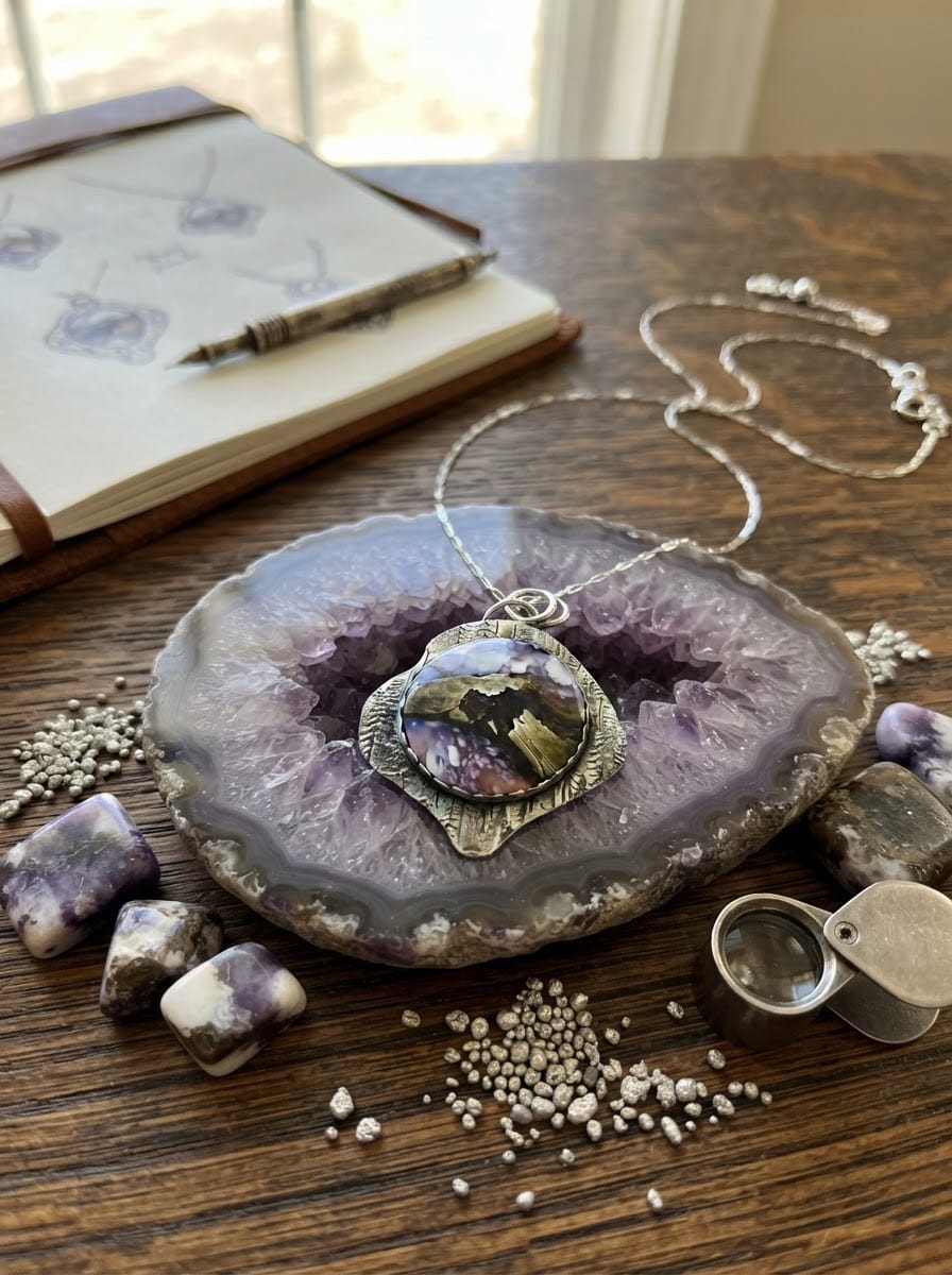 At the Edge of Forever purple scenic chalcedony pendant in hand-textured sterling silver by Christine Keller, on an adjustable silver chain.