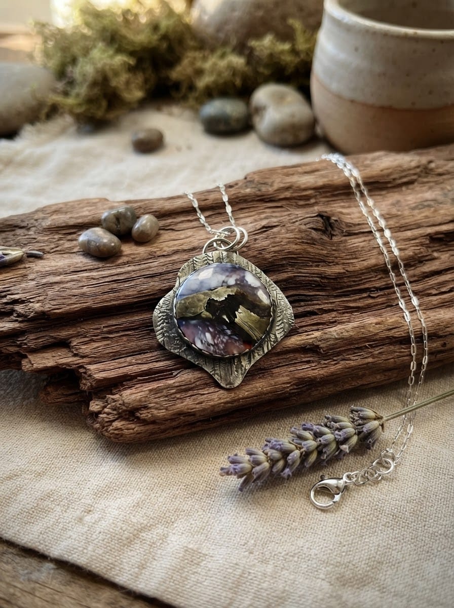 At the Edge of Forever purple scenic chalcedony pendant in hand-textured sterling silver by Christine Keller, on an adjustable silver chain.