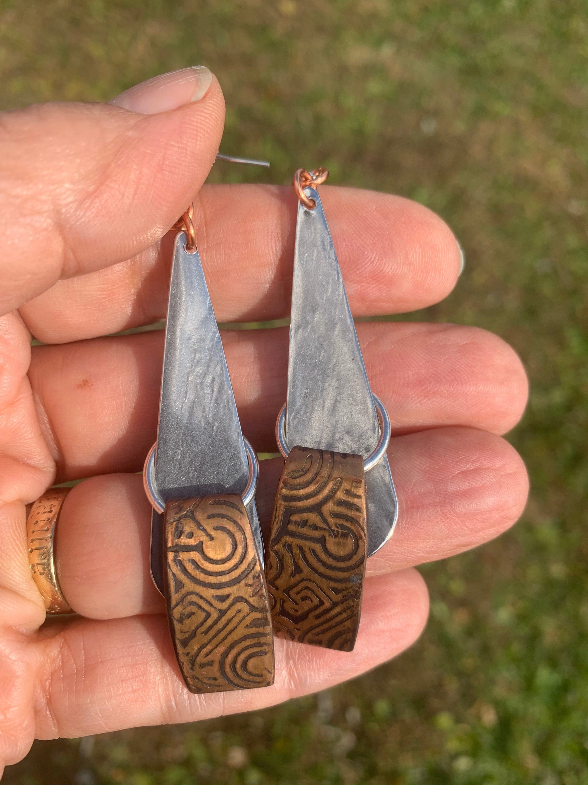 Copper  Aztec Inspired Earrings with stainless steel