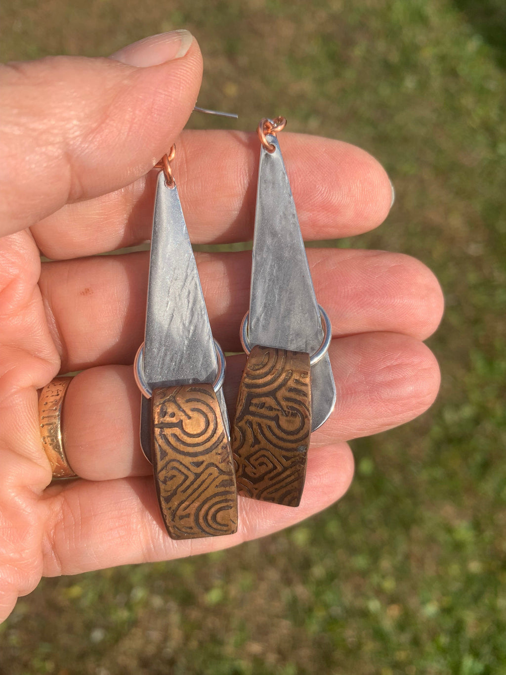 Copper and Stainless Steel Aztec Inspired Earrings