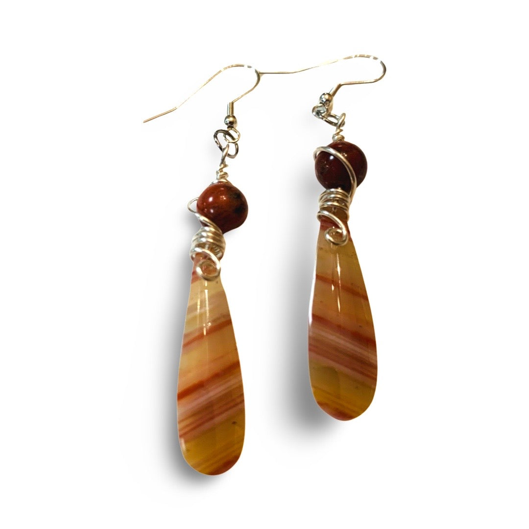 W-  Banded Agate and Red Jasper Silver Earrings