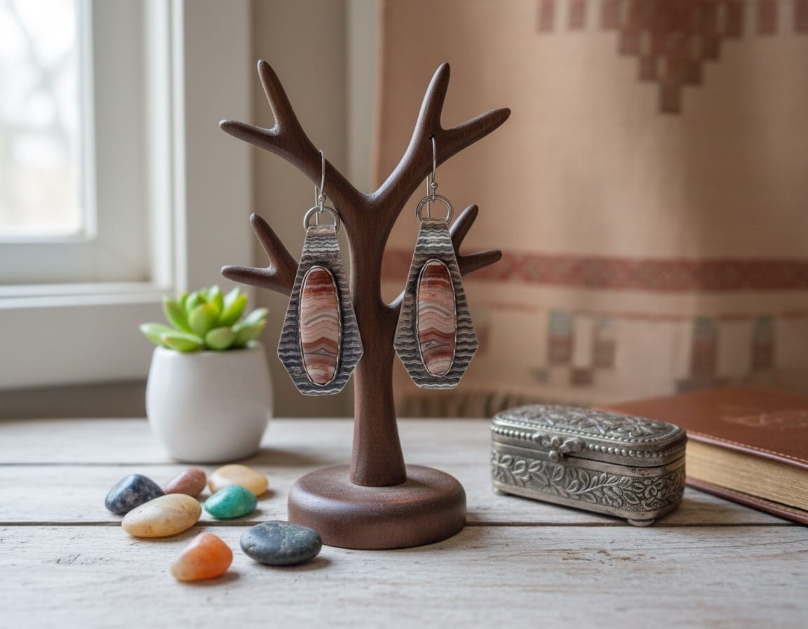One-of-a-kind sterling silver earrings featuring elongated earth-tone Banded Crazy Lace Agate stones in hand-textured silver settings with handcrafted earwires.