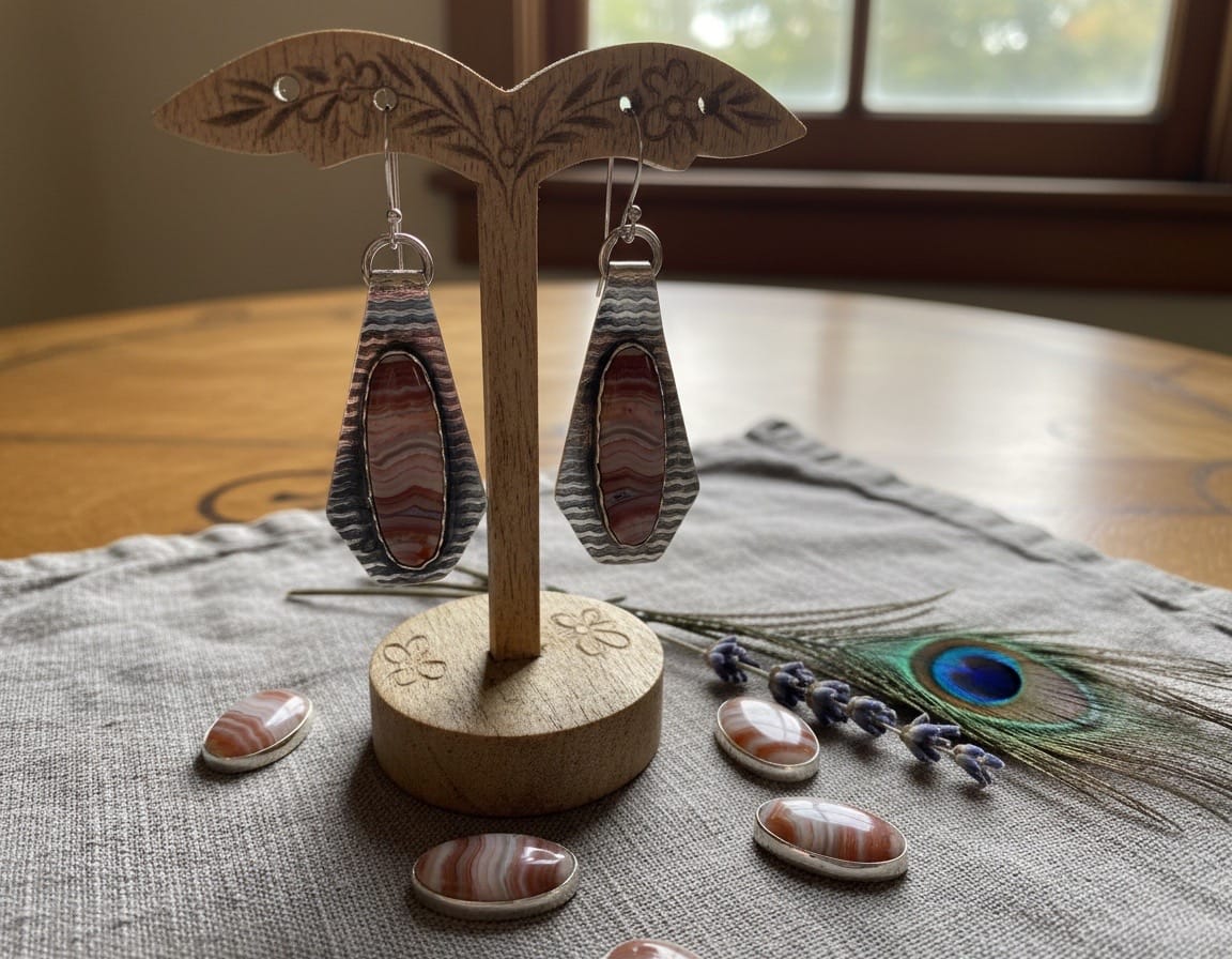 One-of-a-kind sterling silver earrings featuring elongated earth-tone Banded Crazy Lace Agate stones in hand-textured silver settings with handcrafted earwires.