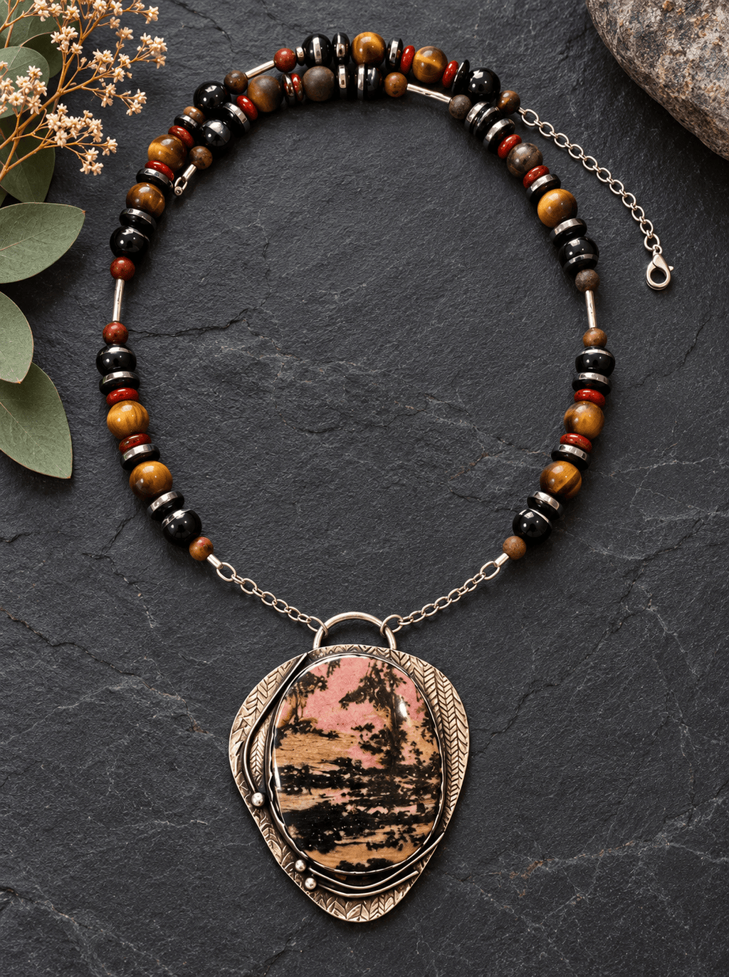 Beyond the Quiet Shore one-of-a-kind Rhodonite and sterling silver statement necklace by Christine Keller with handmade gemstone chain