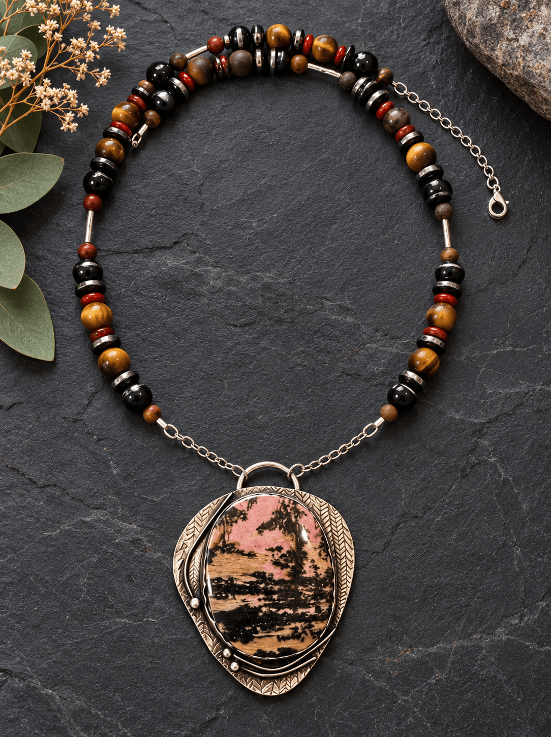 Beyond the Quiet Shore one-of-a-kind Rhodonite and sterling silver statement necklace by Christine Keller with handmade gemstone chain