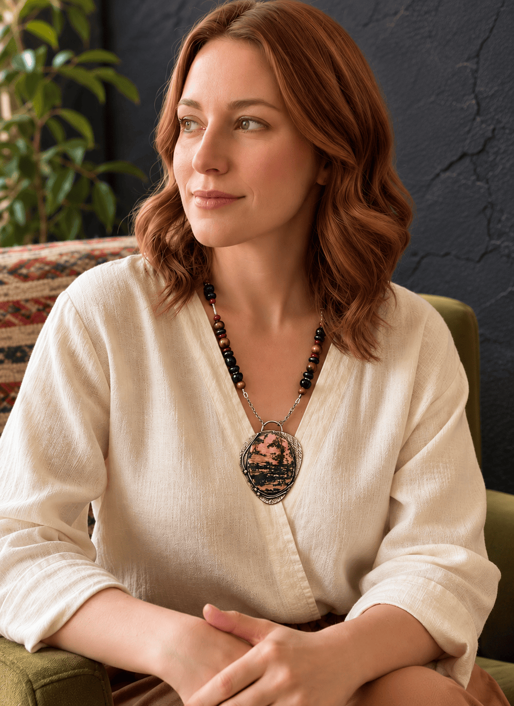 Woman wearing Beyond the Quiet Shore one-of-a-kind Rhodonite statement necklace by Christine Keller