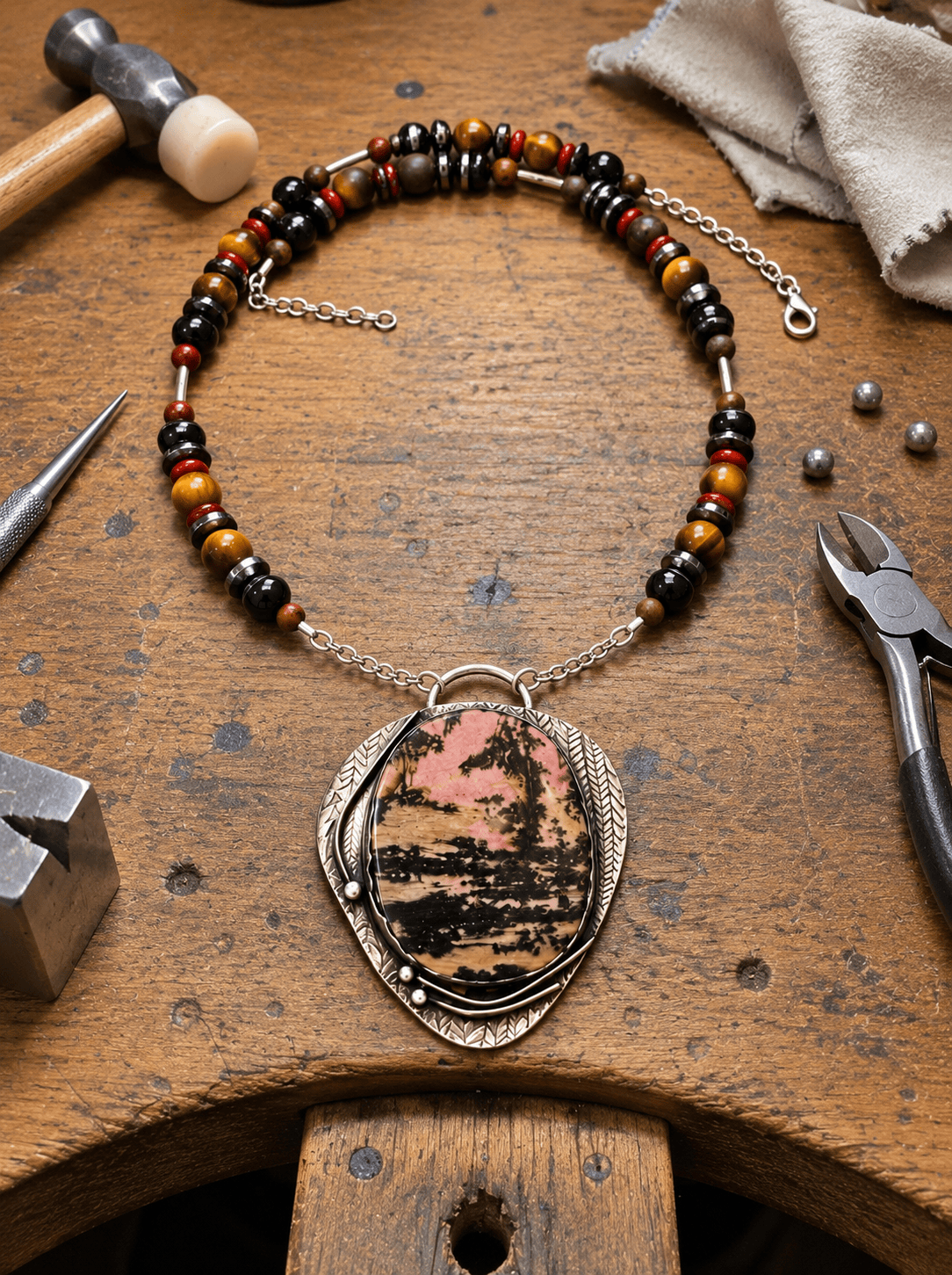 Beyond the Quiet Shore artisan Rhodonite necklace displayed on Christine Keller's jeweler's workbench