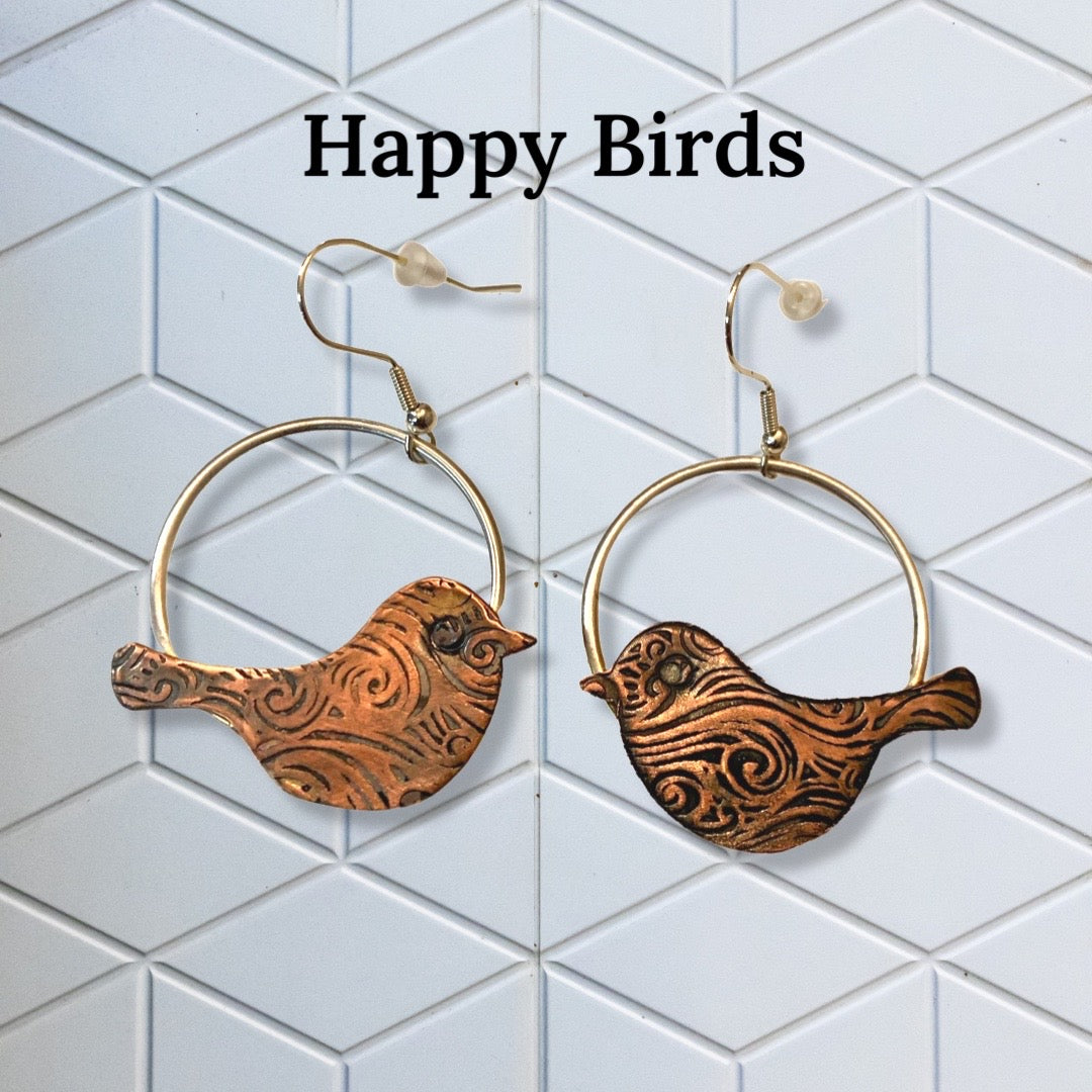 Happy Birds in Copper on Silver Earrings