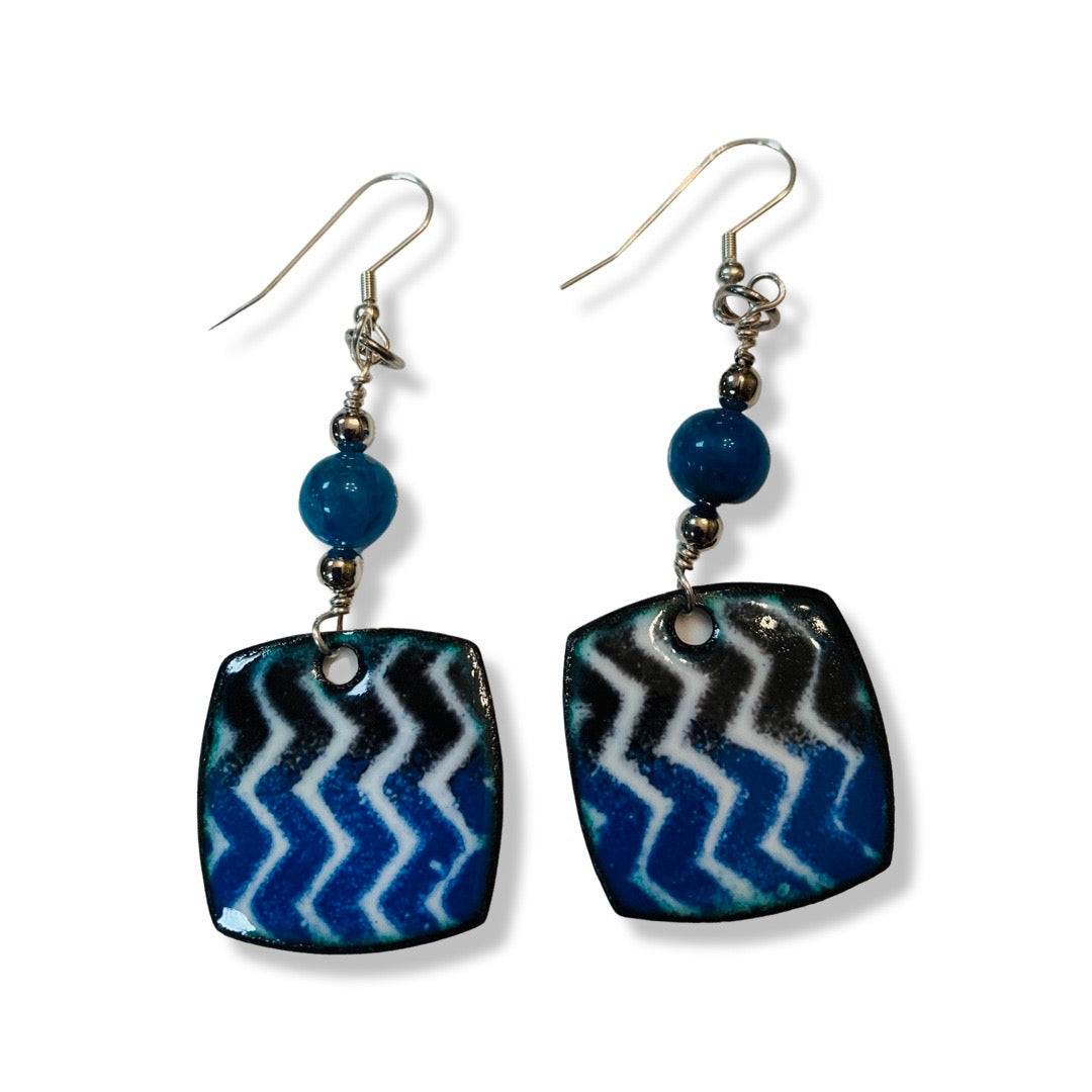 Black to Blue Zig Zag Enamel Earrings with Apatite