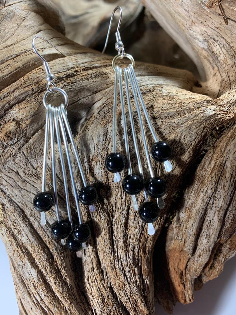 W-    Black Onyx Swing Dangle Silver Sterling Earrings