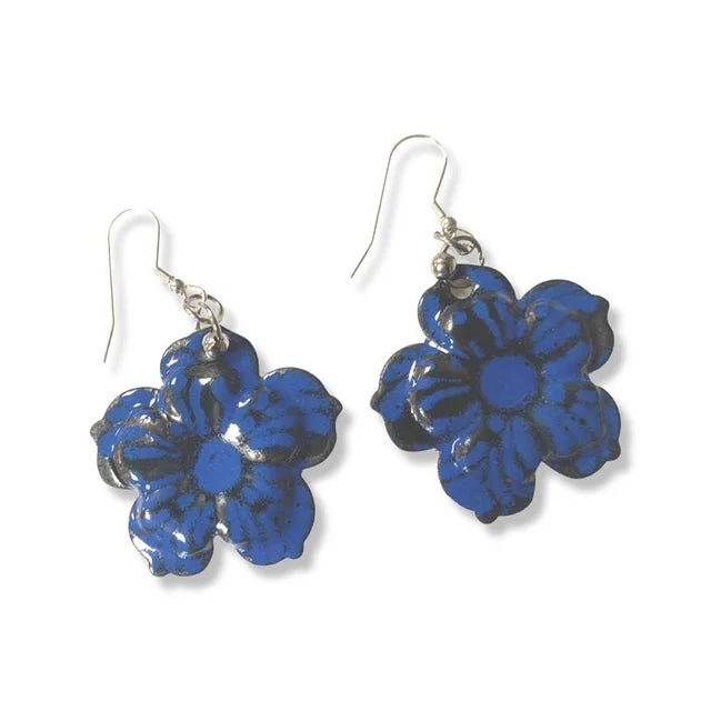 'Blooming' Tones of Blue and Black Flower Enamel Earrings