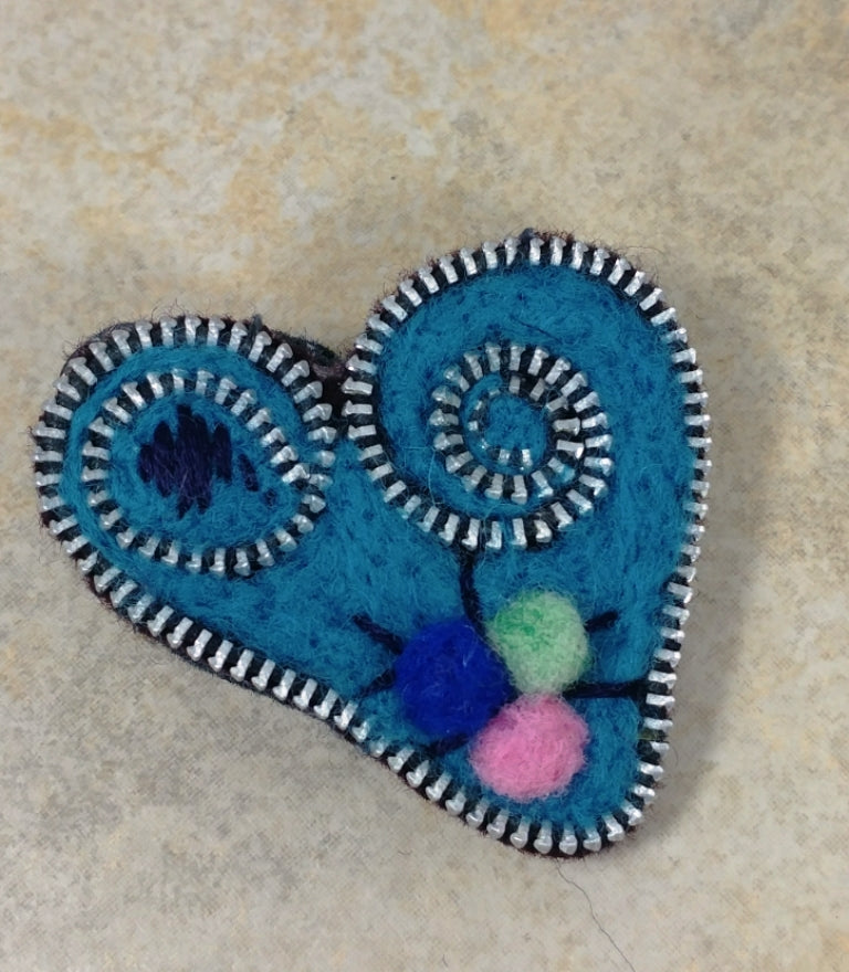 'Blue without You' Fabulous Heart Felted Zipper Scarf Pin, Brooch