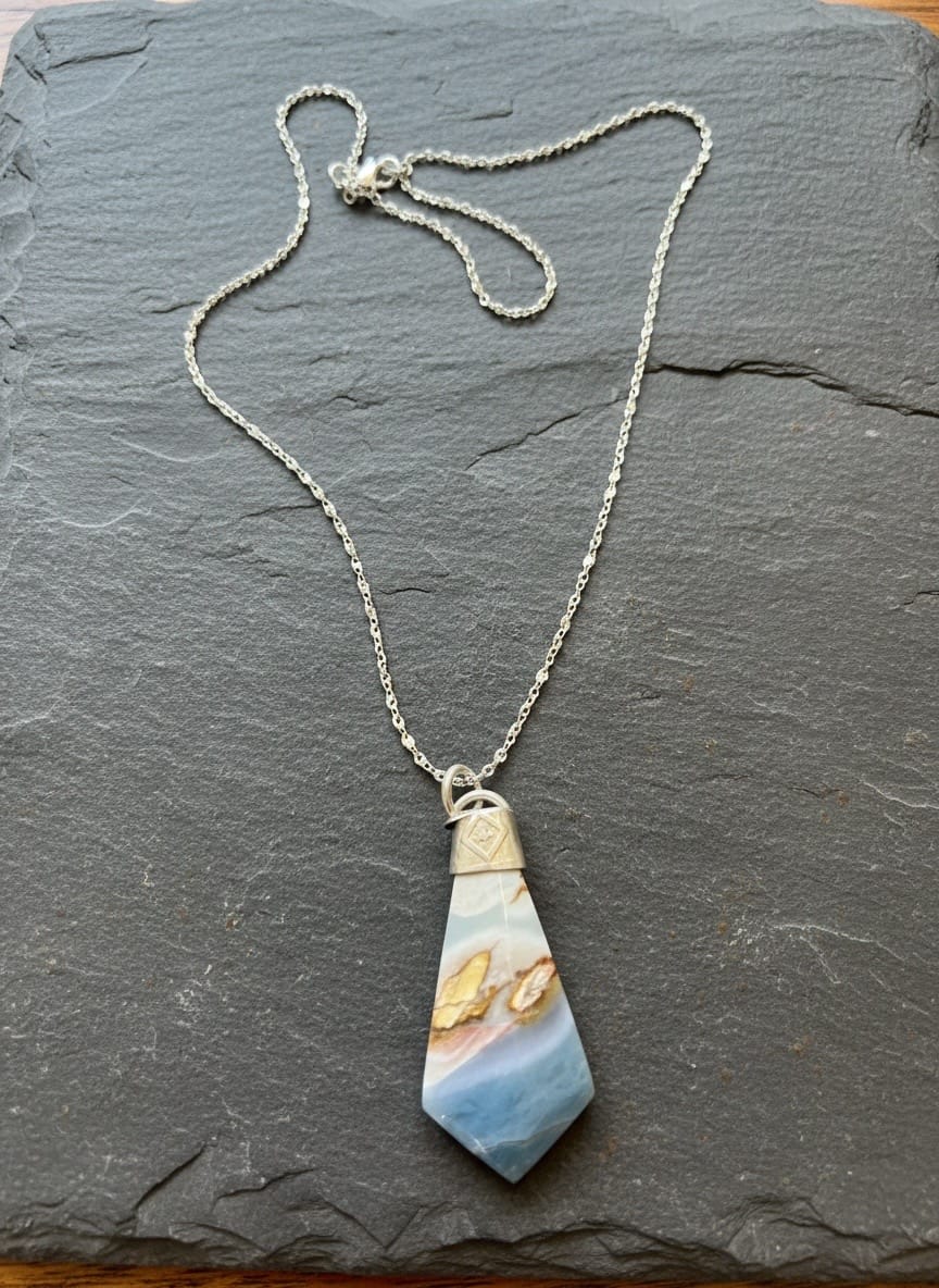 Blue Horizon one-of-a-kind Maligano Jasper pendant handcrafted in sterling silver by Christine Keller of Chrizart Creations