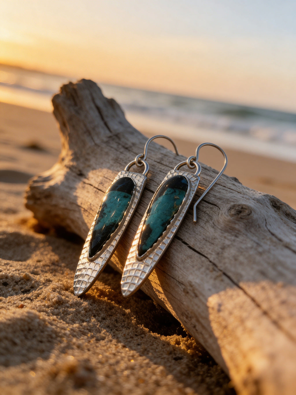 Tidal Horizon — Blue Wood Opal Silver Earrings