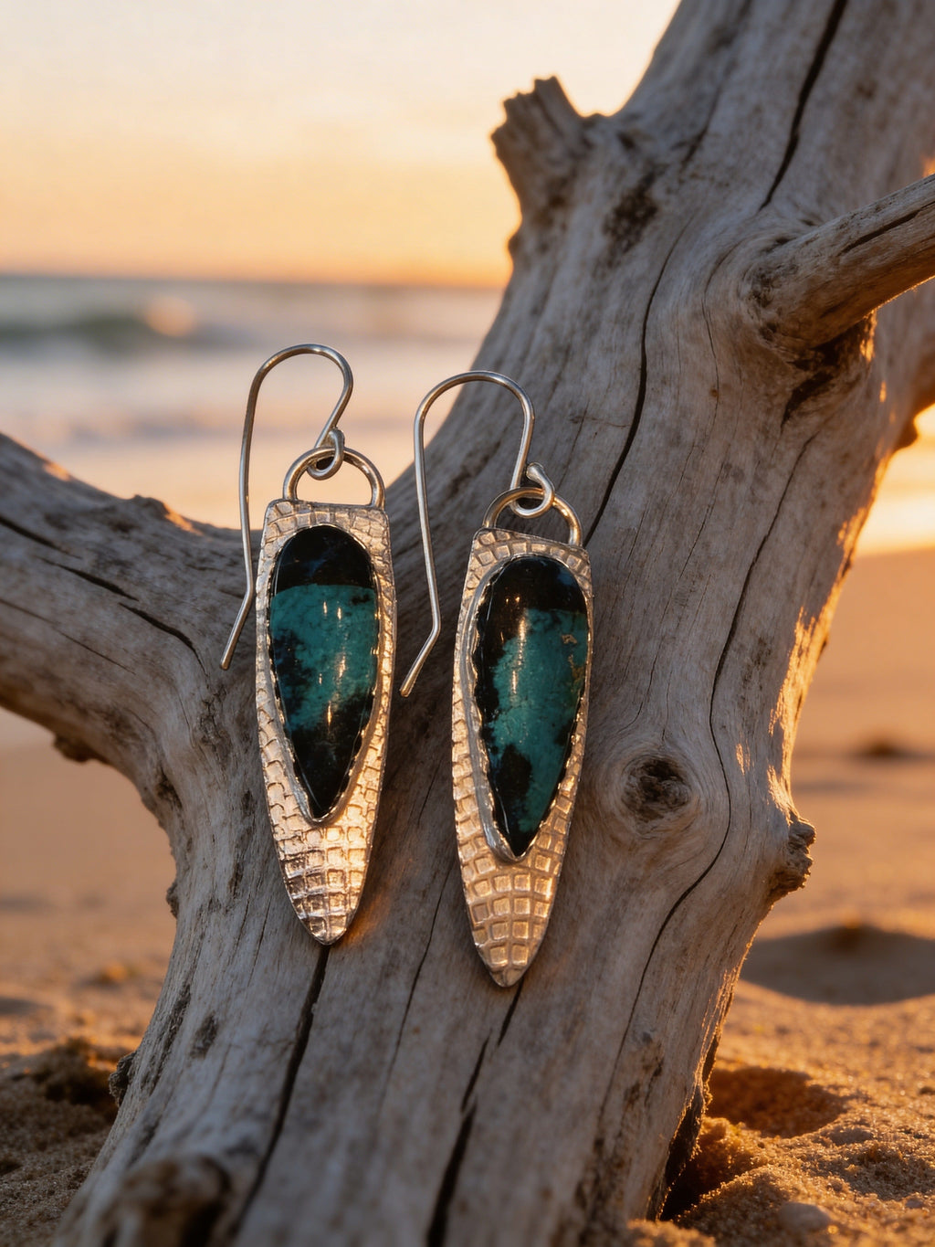 Tidal Horizon — Blue Wood Opal Silver Earrings