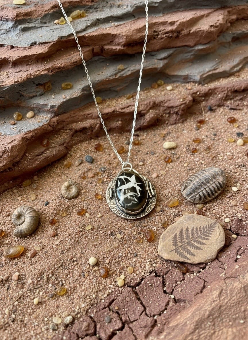 White Heron one-of-a-kind Septarian pendant handcrafted in sterling silver on a 24-inch adjustable silver chain.