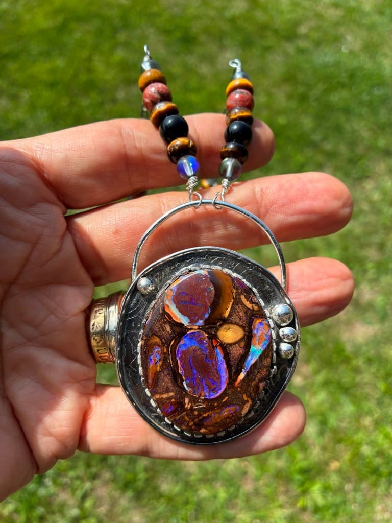 Ember Beneath the Earth one-of-a-kind Boulder Opal sterling silver statement necklace by jewelry artist Christine Keller