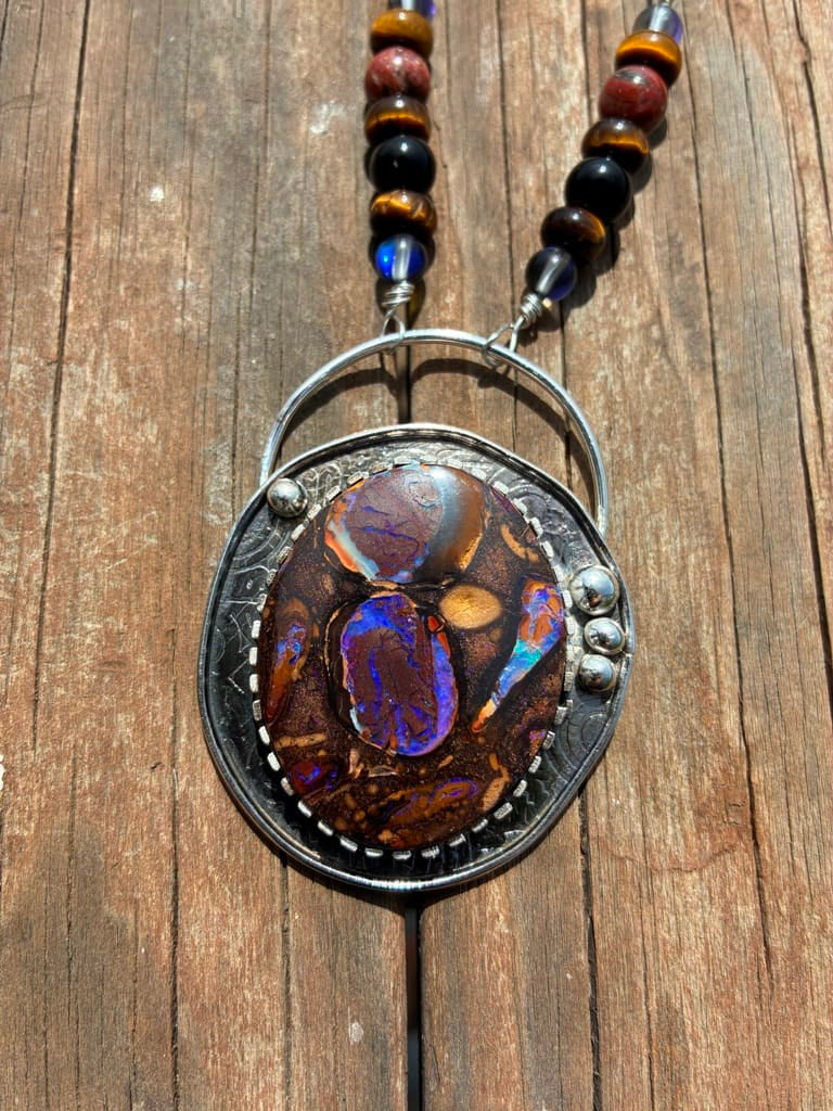 Ember Beneath the Earth one-of-a-kind Boulder Opal sterling silver statement necklace by jewelry artist Christine Keller