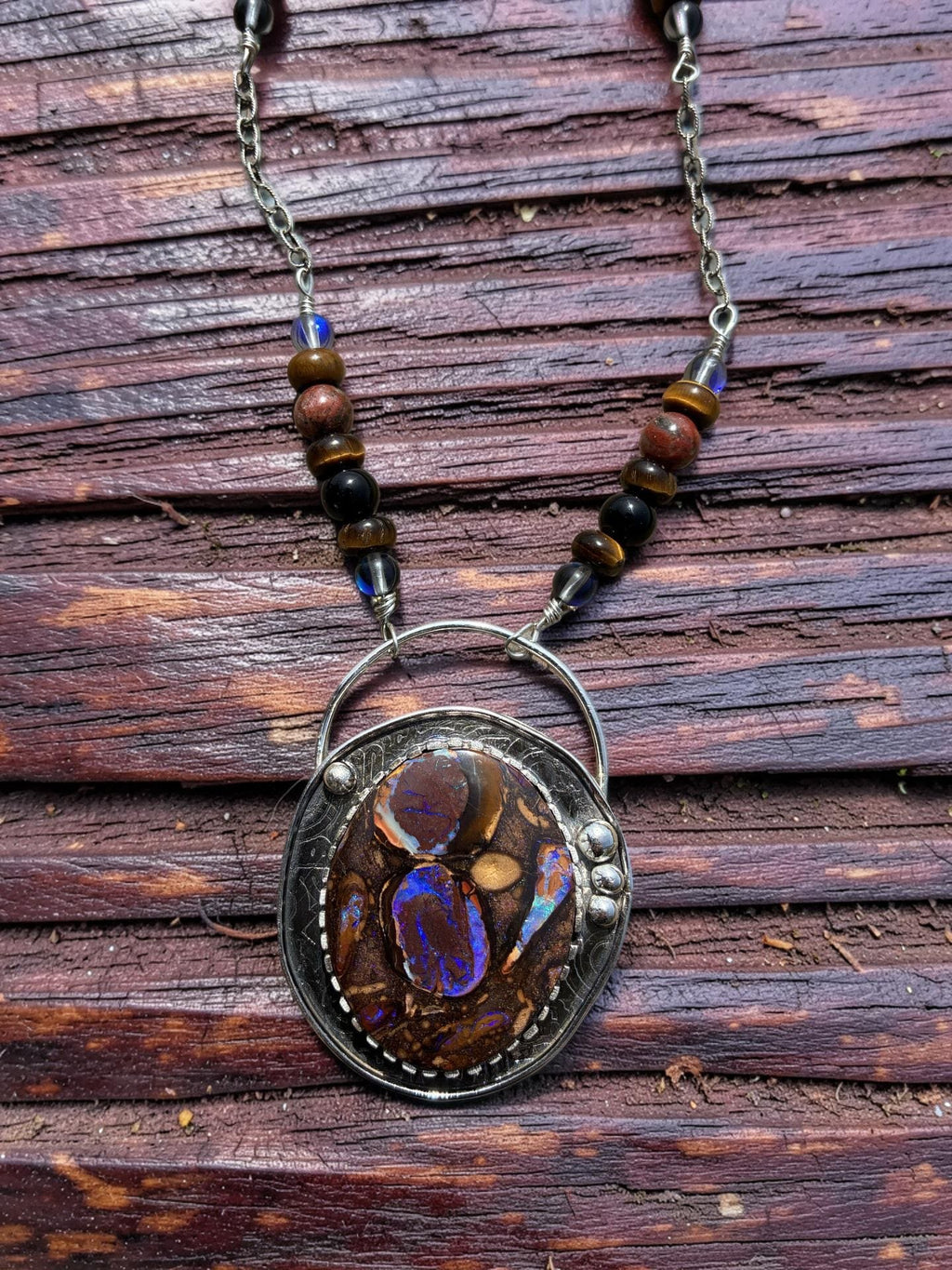 Ember Beneath the Earth one-of-a-kind Boulder Opal sterling silver statement necklace by jewelry artist Christine Keller