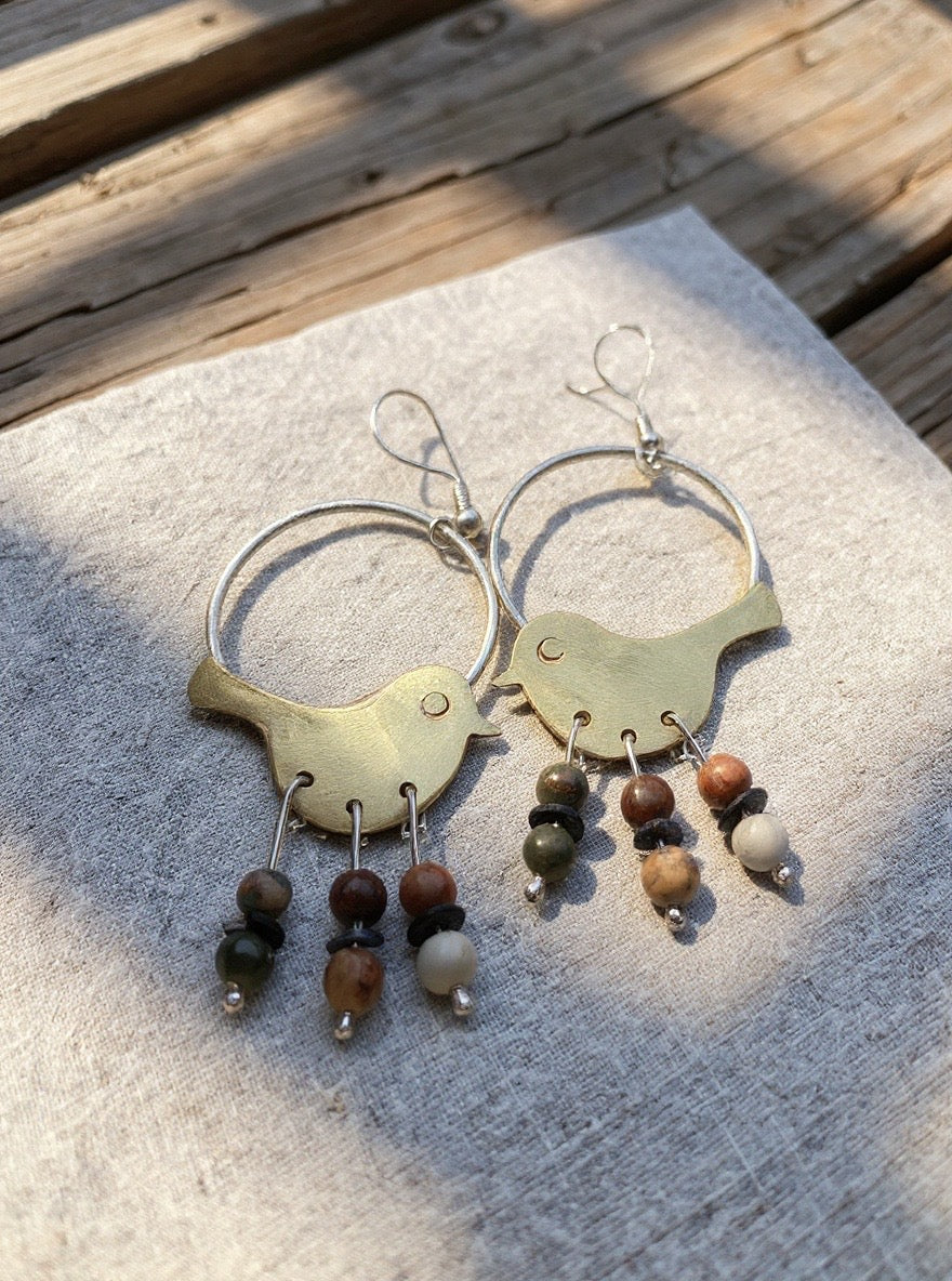 Pair of hoop earrings with bird designs and  jasper beads  