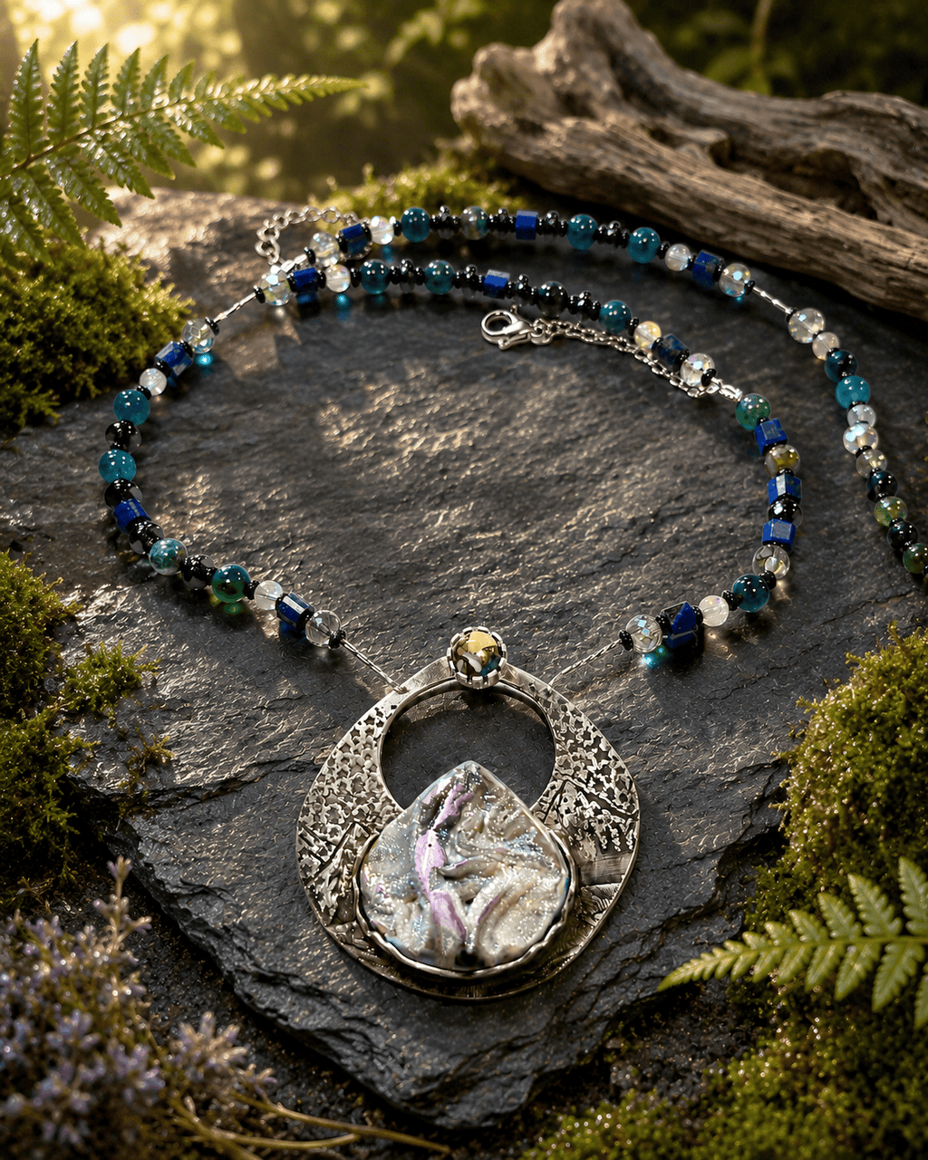Alpenglow | One of a Kind Sterling Silver Mountain Necklace | Titanium Treated Coquina