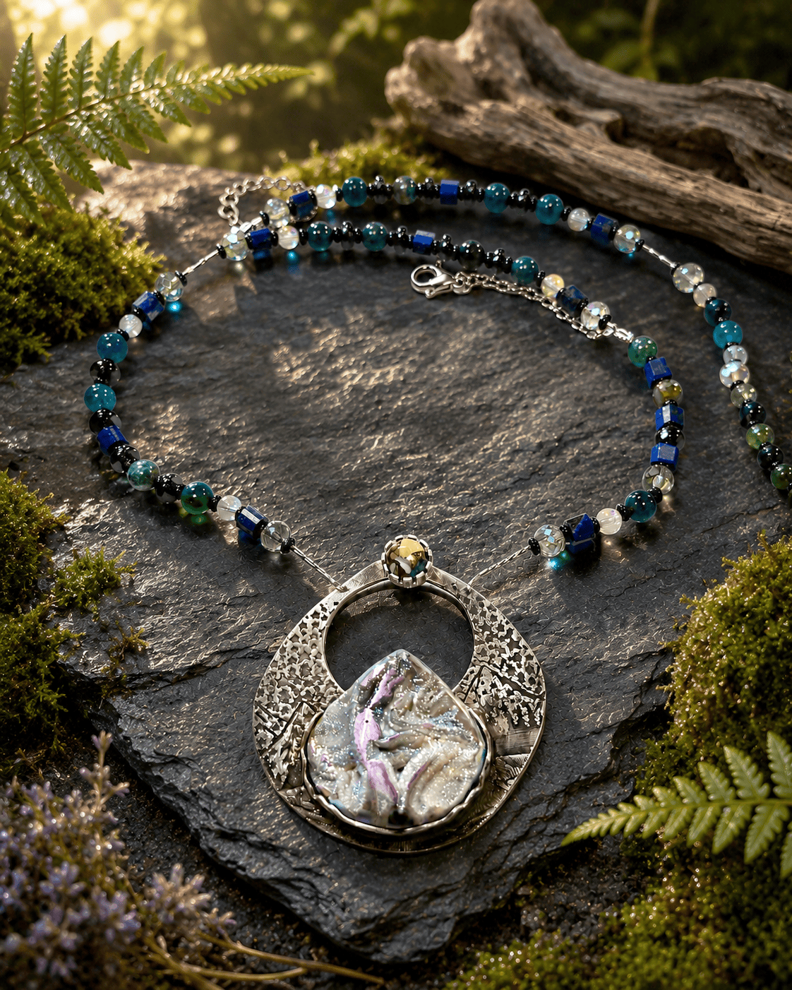 Alpenglow | One of a Kind Sterling Silver Mountain Necklace | Titanium Treated Coquina