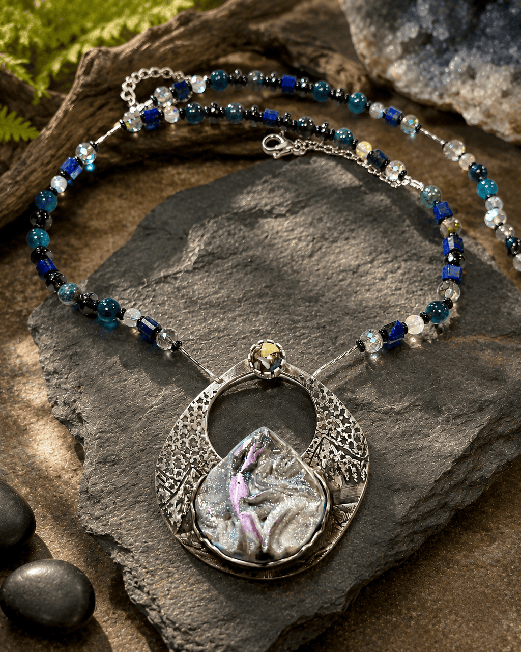 Alpenglow | One of a Kind Sterling Silver Mountain Necklace | Titanium Treated Coquina