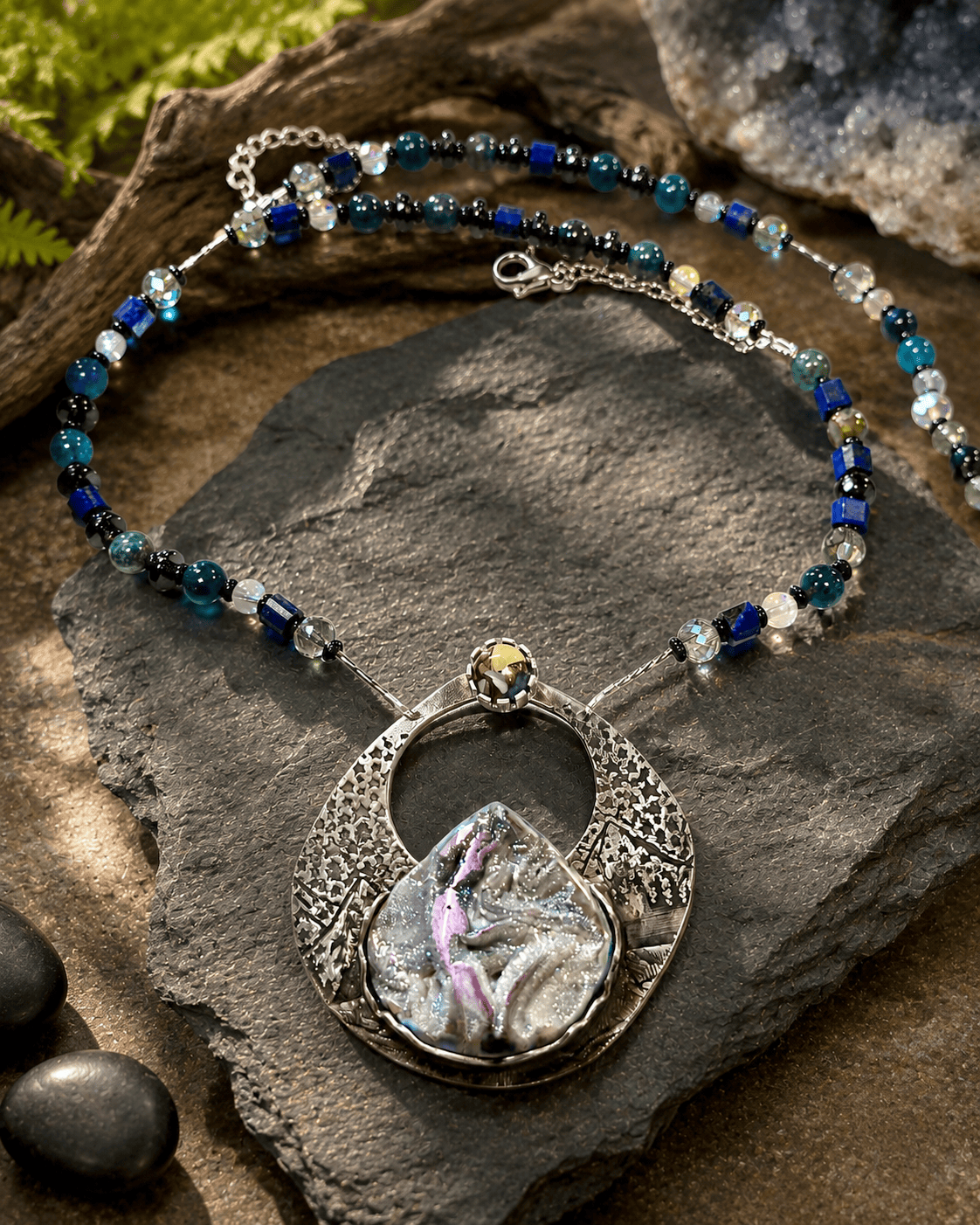 Alpenglow one-of-a-kind Titanium Coquina sterling silver statement necklace by jewelry artist Christine Keller