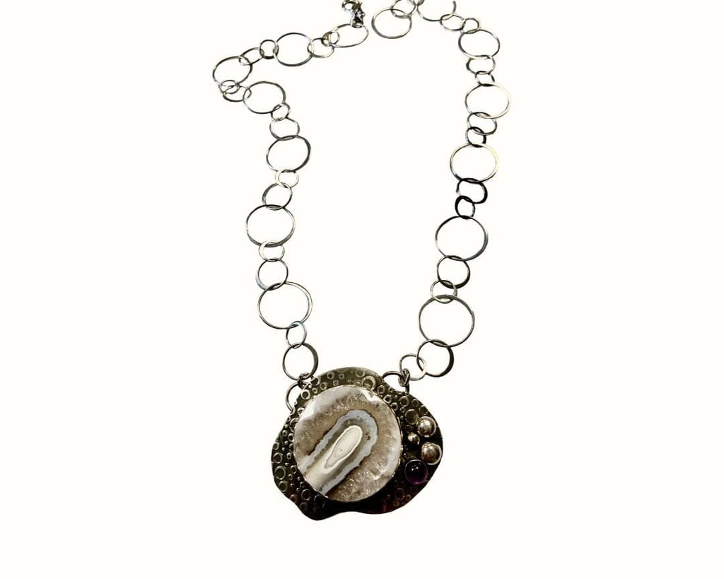 'Inner Portal' One-of-a-Kind Agate and Amethyst Sterling Silver Necklace
