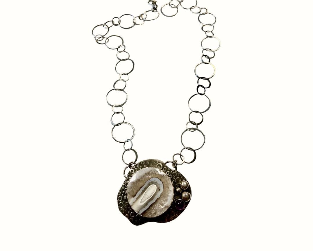 'Inner Portal' One-of-a-Kind Agate and Amethyst Sterling Silver Necklace