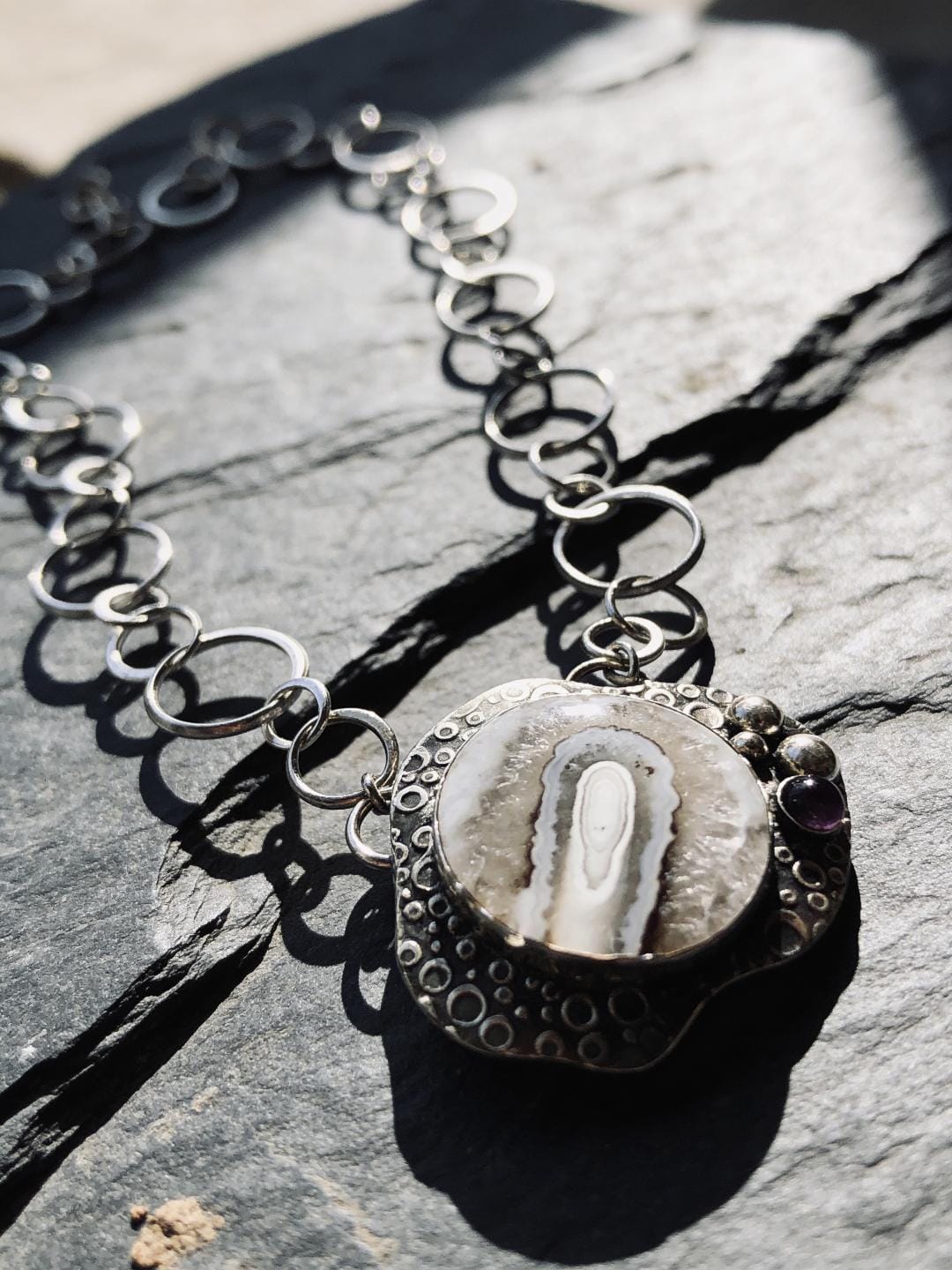 'Inner Portal' One-of-a-Kind Agate and Amethyst Sterling Silver Necklace