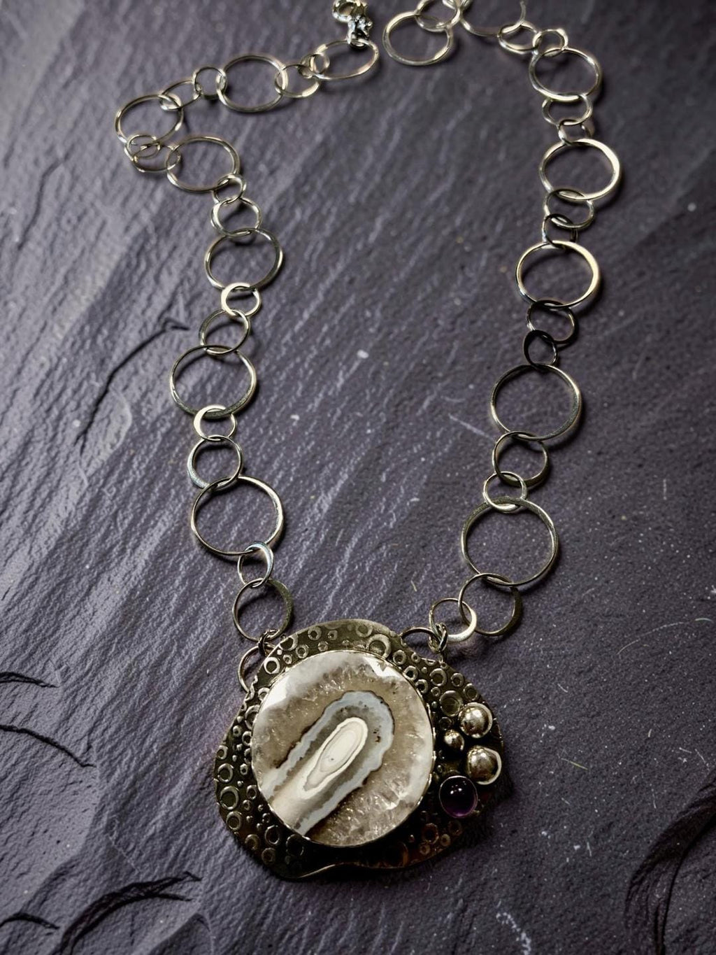 'Inner Portal' One-of-a-Kind Agate and Amethyst Sterling Silver Necklace