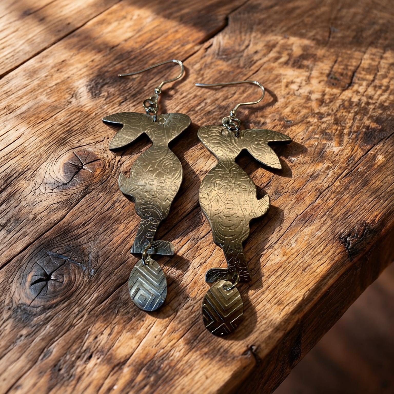 Hare & Hidden Egg — Textured Aluminum Bunny Statement Earrings