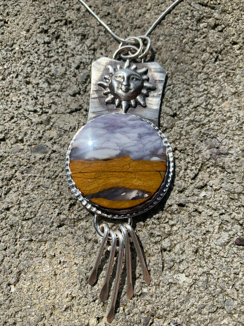 Prairie Dawn one-of-a-kind Polychrome Jasper necklace with sculptural sterling silver sun