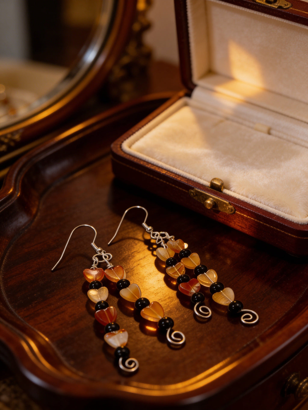 Heartfire — Carnelian & Onyx Heart Dangle Earrings