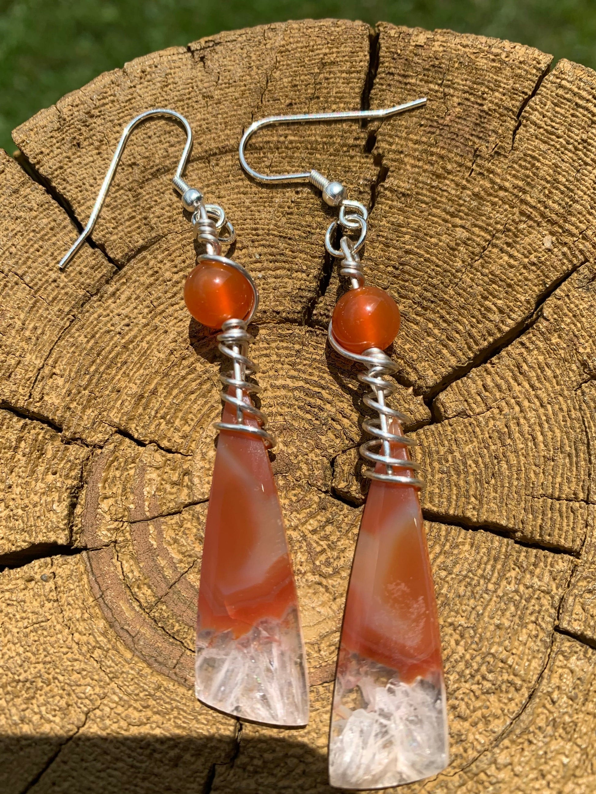 Carnelian Ice earrings on wood