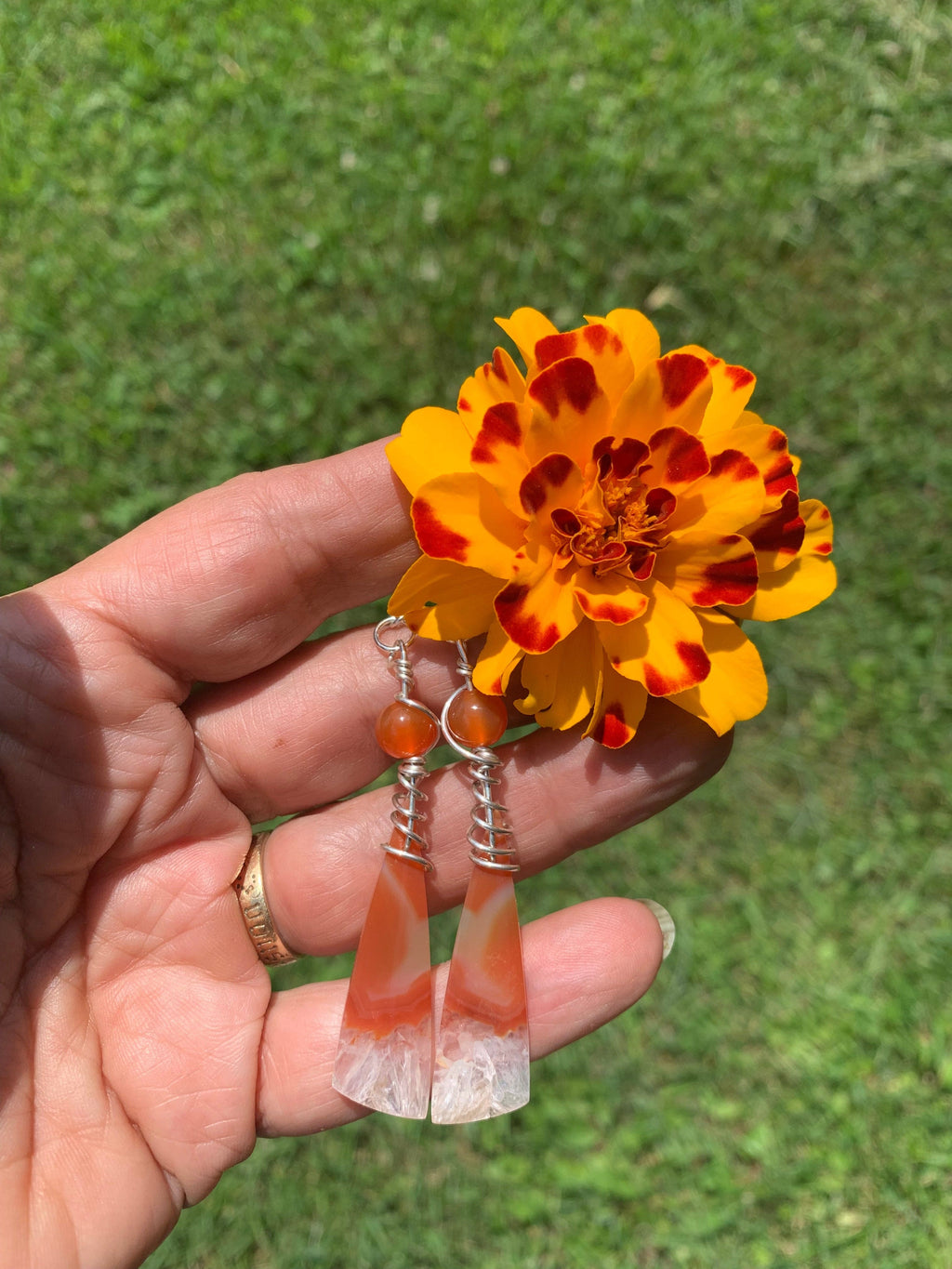 Carnelian Ice earrings with marigold flower