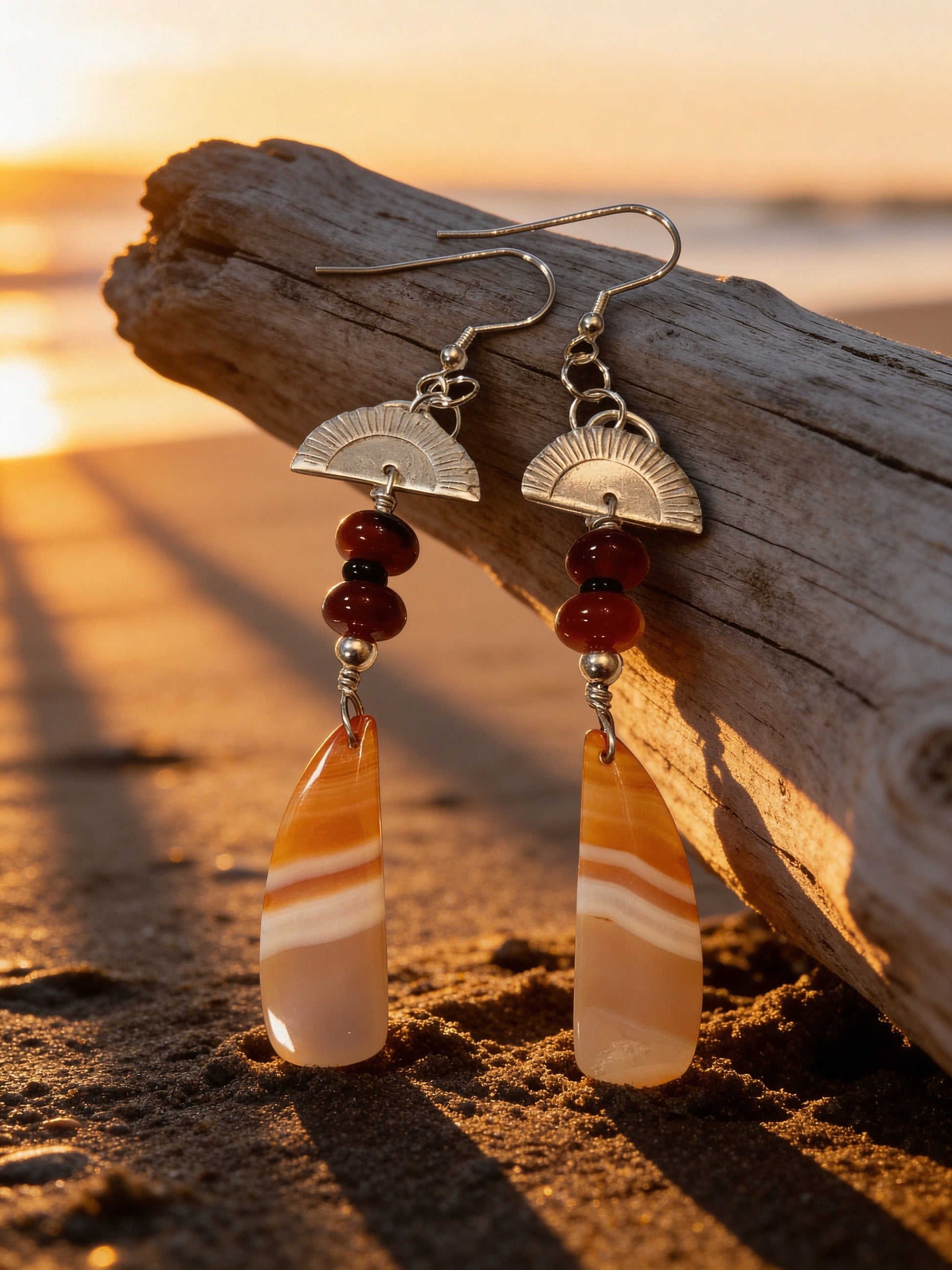 Rising Ember — Carnelian & Banded Agate Sunburst Earrings