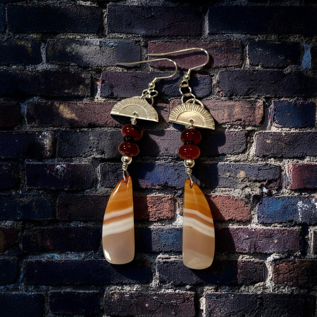 Rising Ember — Carnelian & Banded Agate Sunburst Earrings