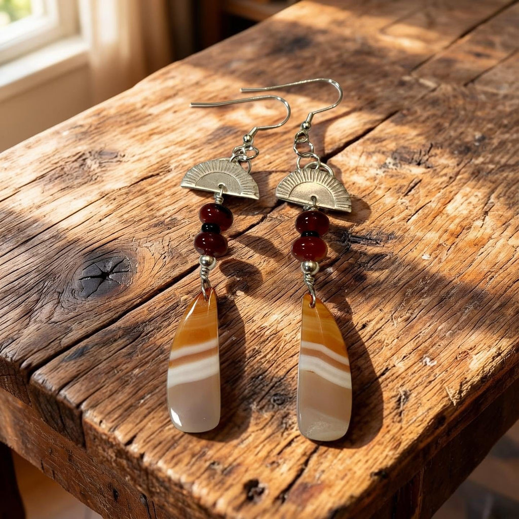 Rising Ember — Carnelian & Banded Agate Sunburst Earrings