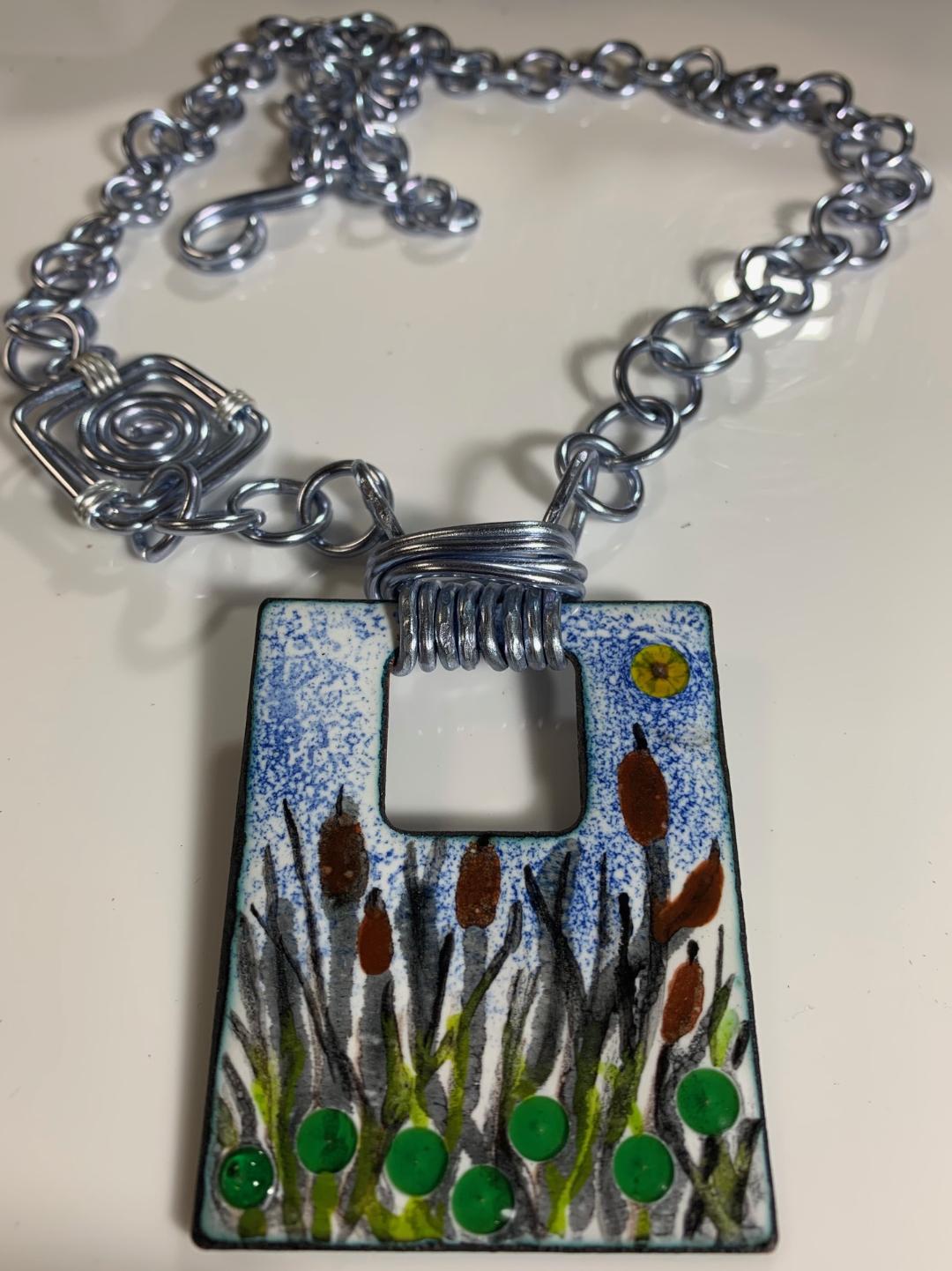 'Cattails by the Pond" Hand painted Enamel Pendant