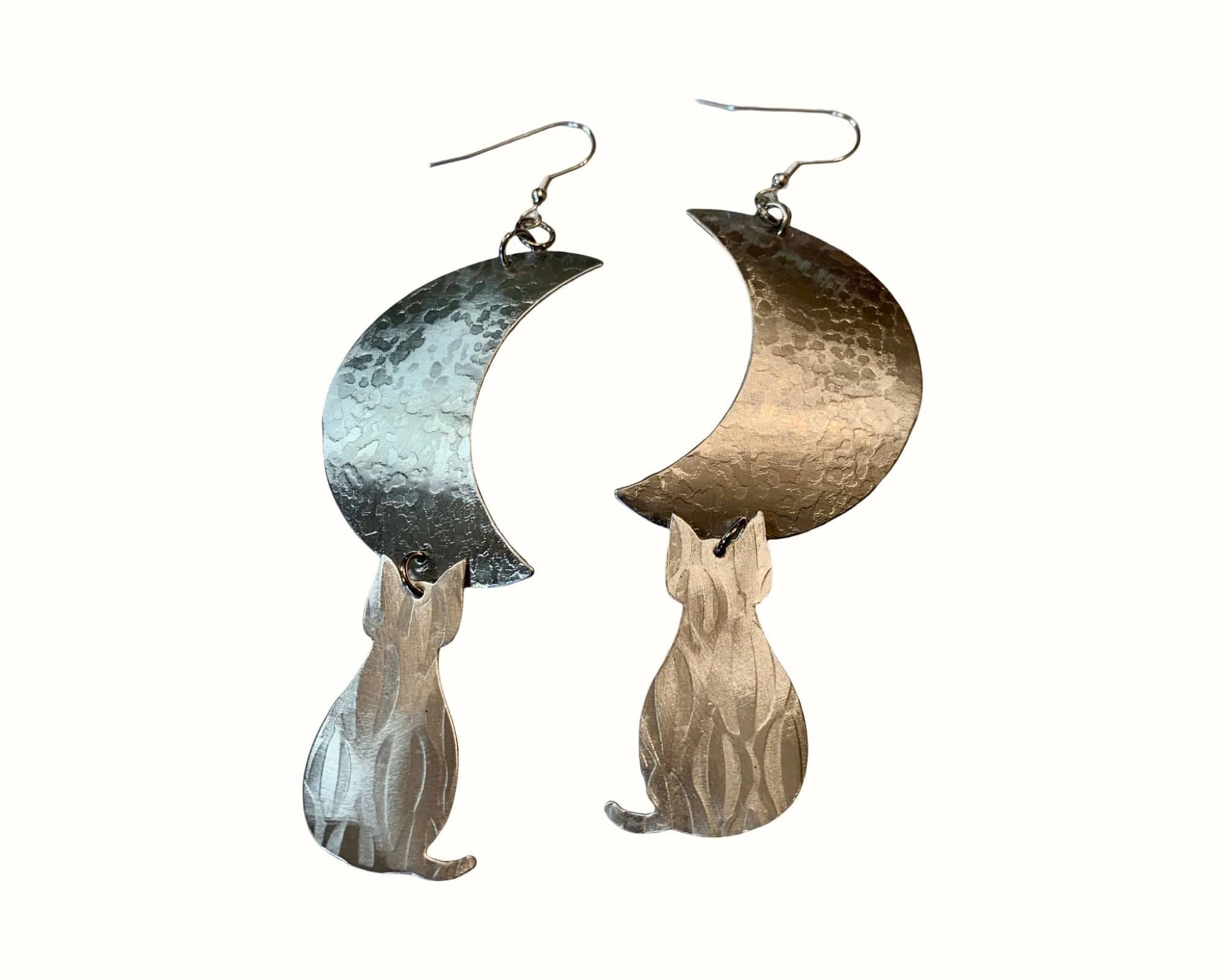 Moonlit Watcher — Cat & Crescent Aluminum Statement Earrings