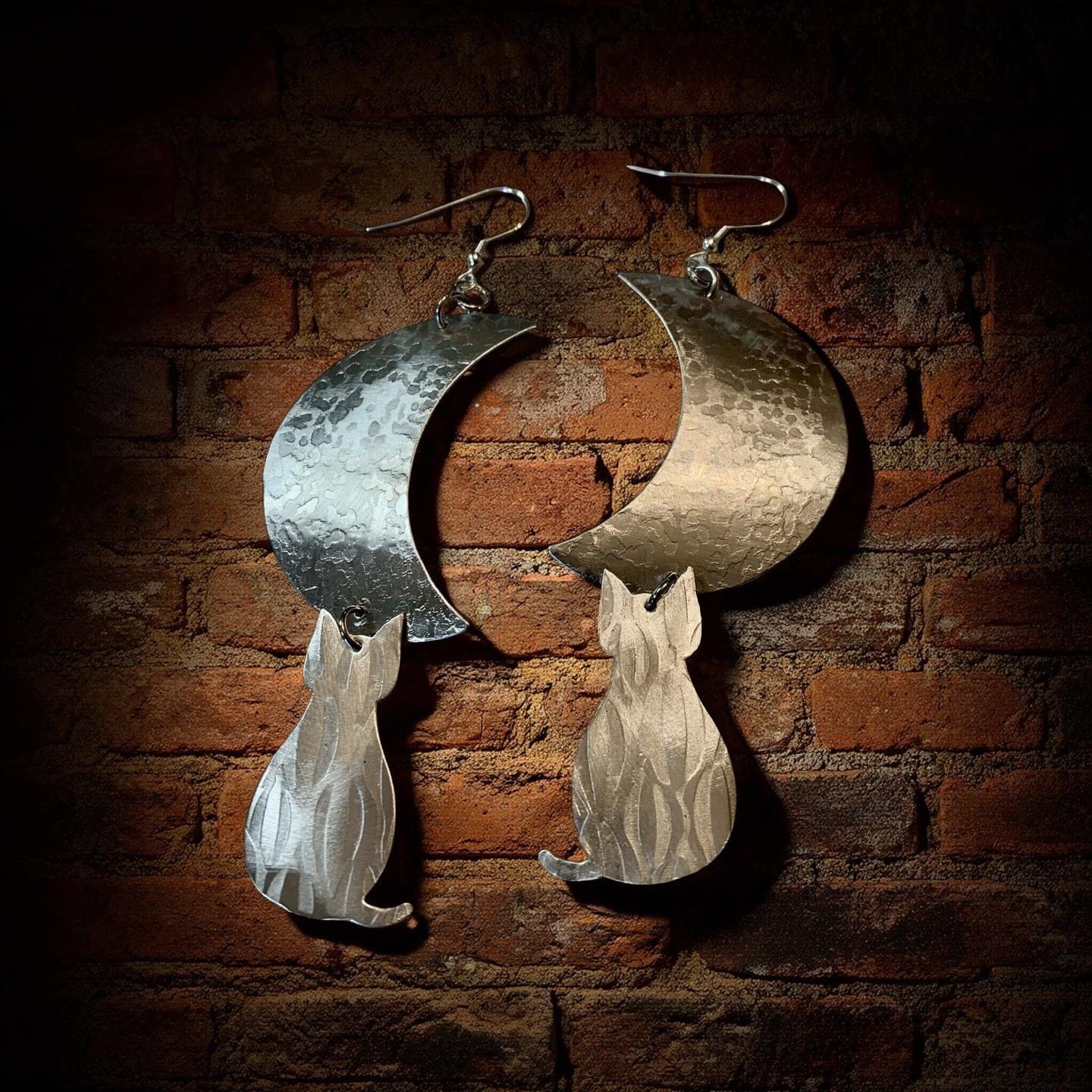 Moonlit Watcher — Cat & Crescent Aluminum Statement Earrings