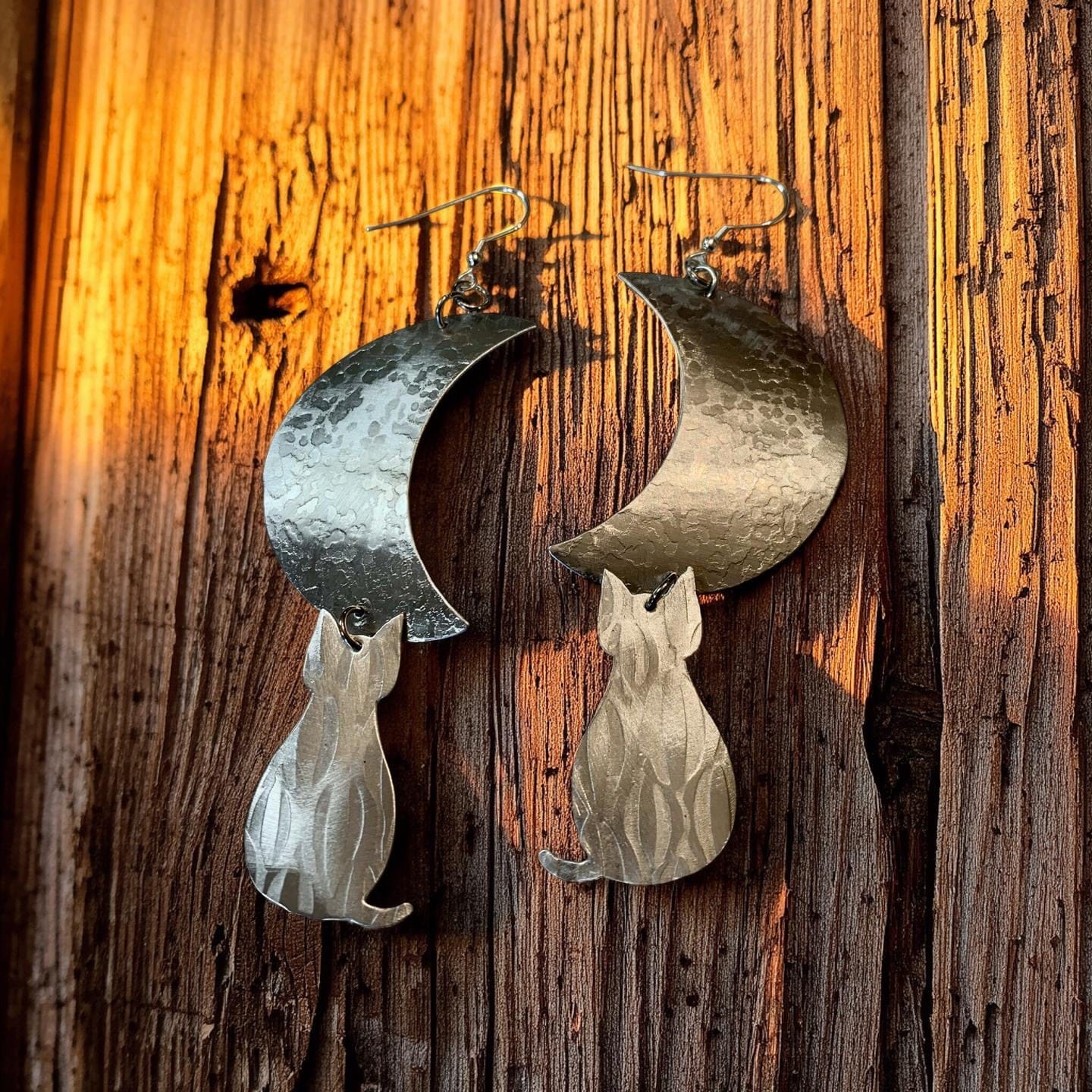 Moonlit Watcher — Cat & Crescent Aluminum Statement Earrings