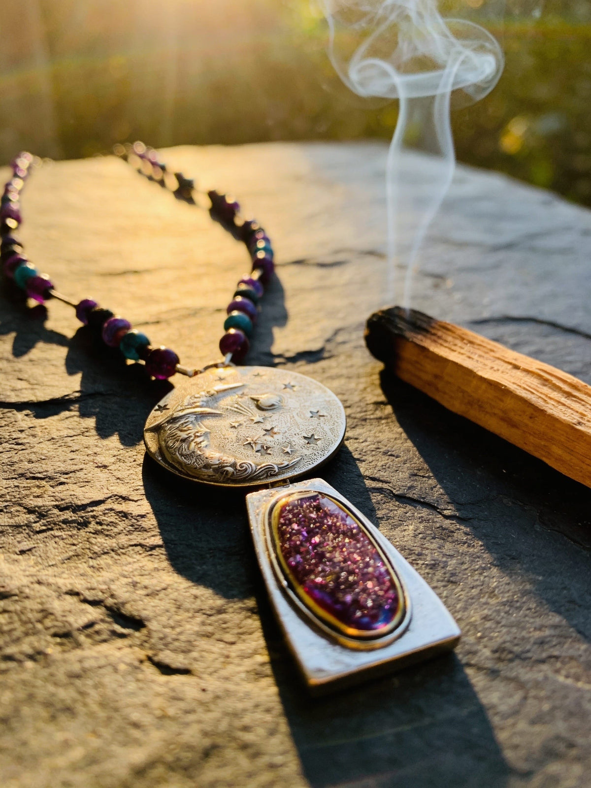 “Celestial Keeper” — Handcrafted Silver Statement Pendant with Druzy and Gemstone Chain